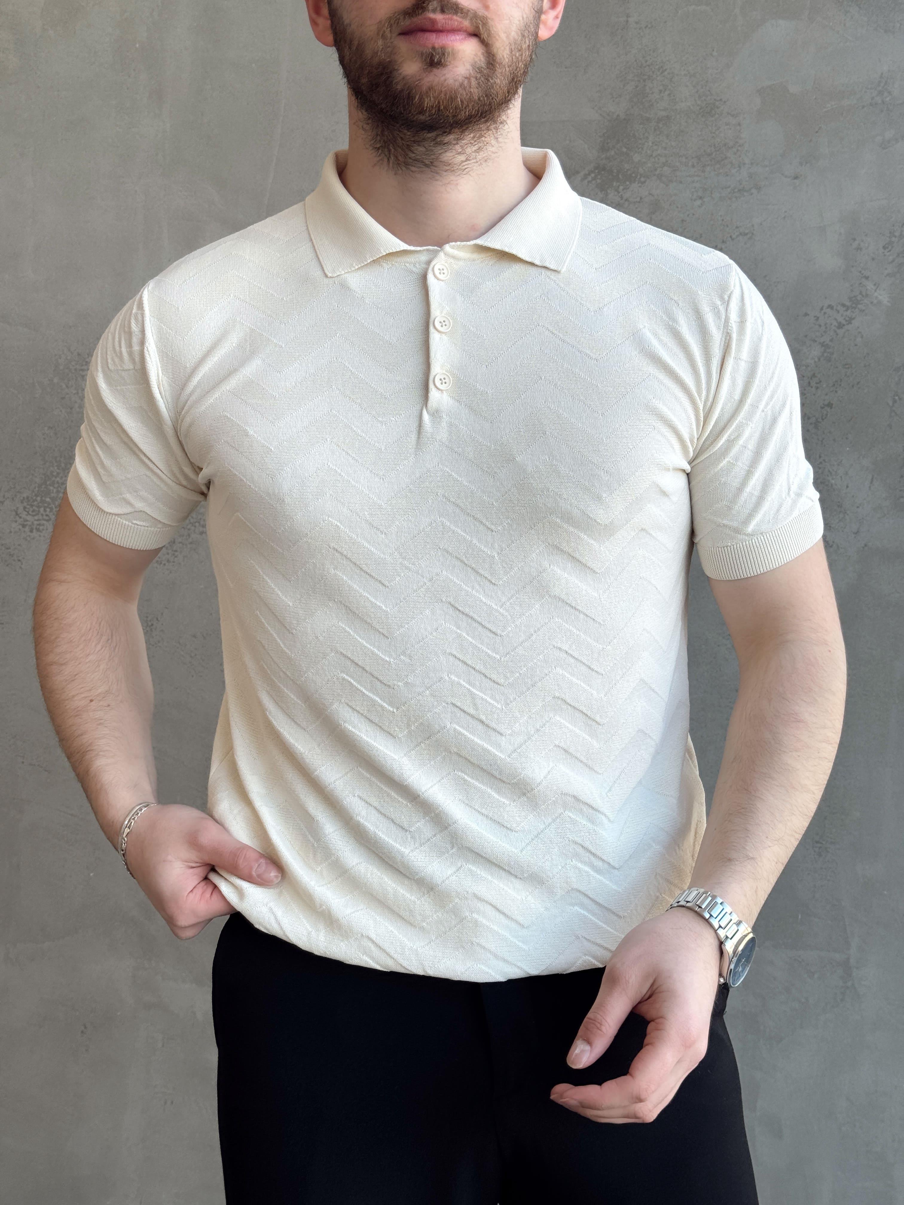 Erkek Özel Premium Seri Regular Fit Desenli Düğme Detay Polo Yaka Triko T-Shirt-Krem(E1658)Ketench