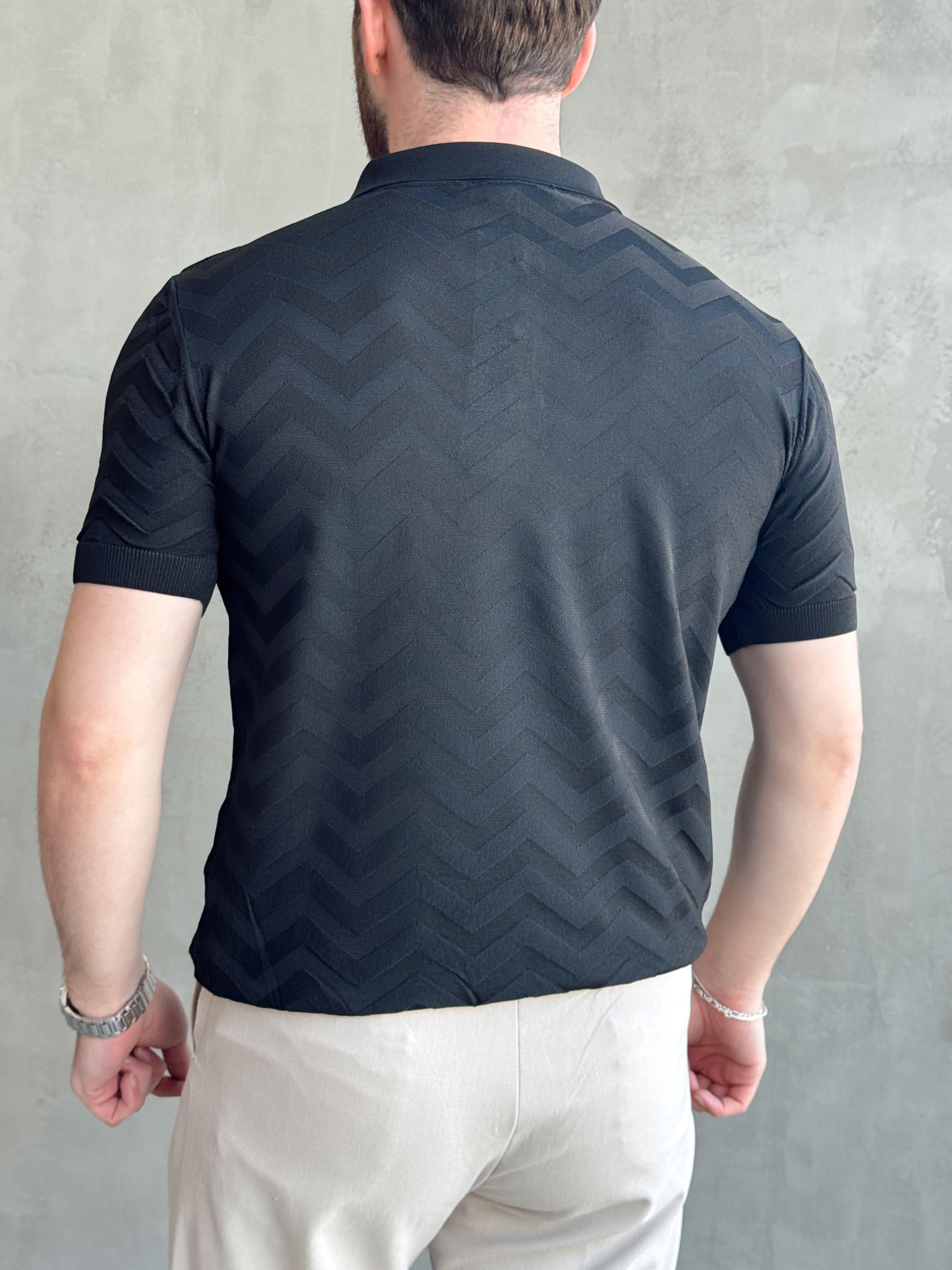 Erkek Özel Premium Seri Regular Fit Desenli Düğme Detay Polo Yaka Triko T-Shirt-Siyah(E1658)Ketench