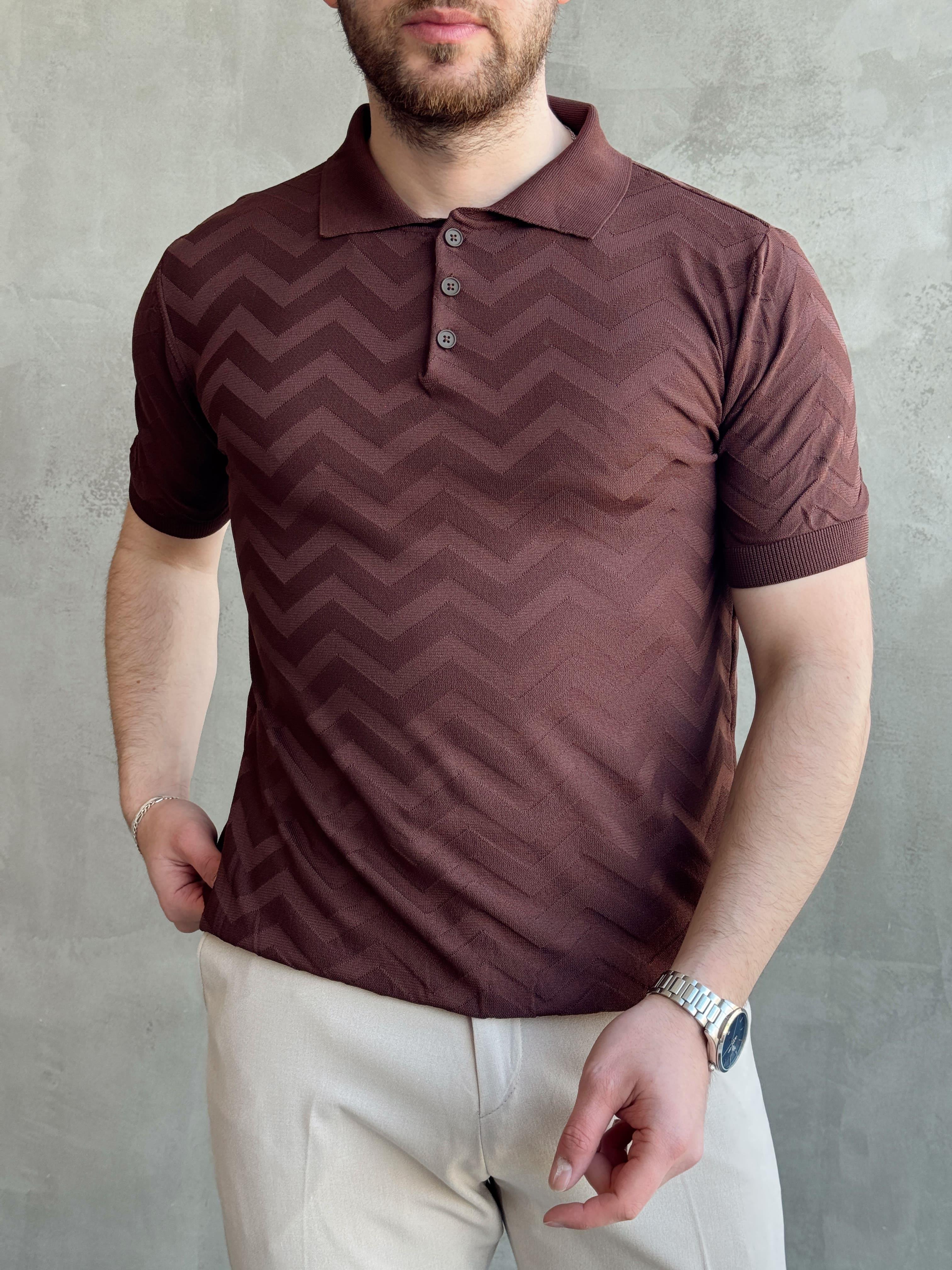 Erkek Özel Premium Seri Regular Fit Desenli Düğme Detay Polo Yaka Triko T-Shirt-Kahverengi(E1658)Ketench
