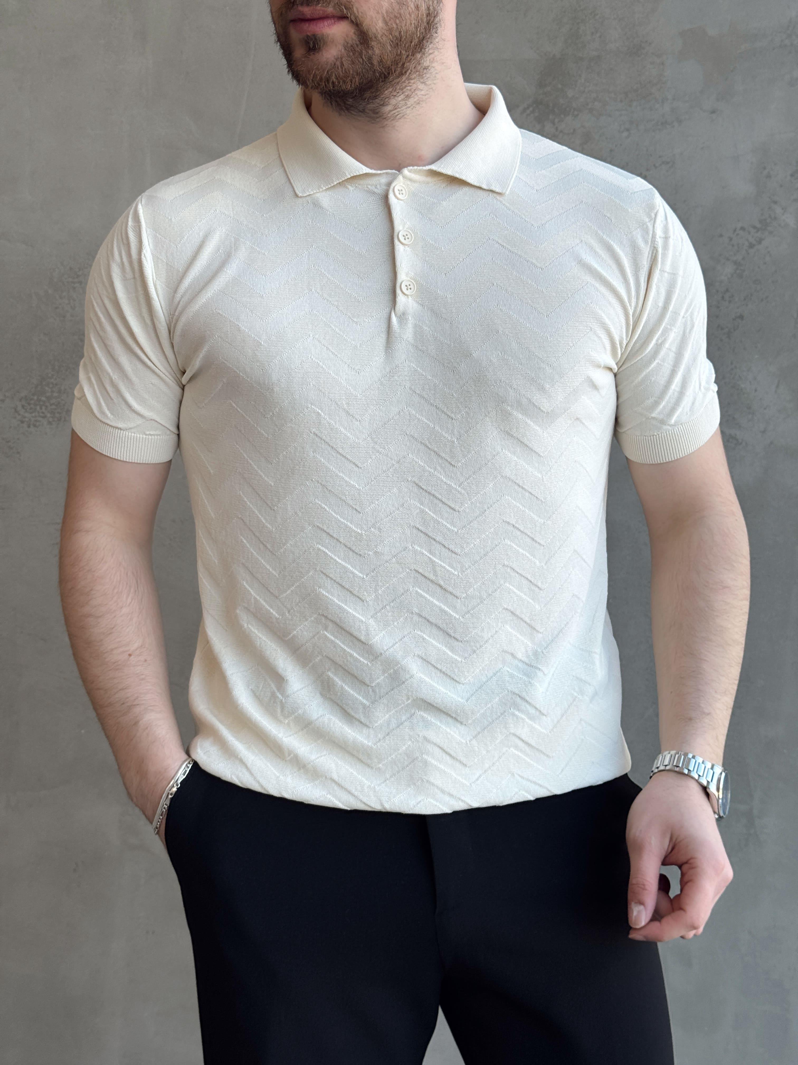 Erkek Özel Premium Seri Regular Fit Desenli Düğme Detay Polo Yaka Triko T-Shirt-Krem(E1658)Ketench