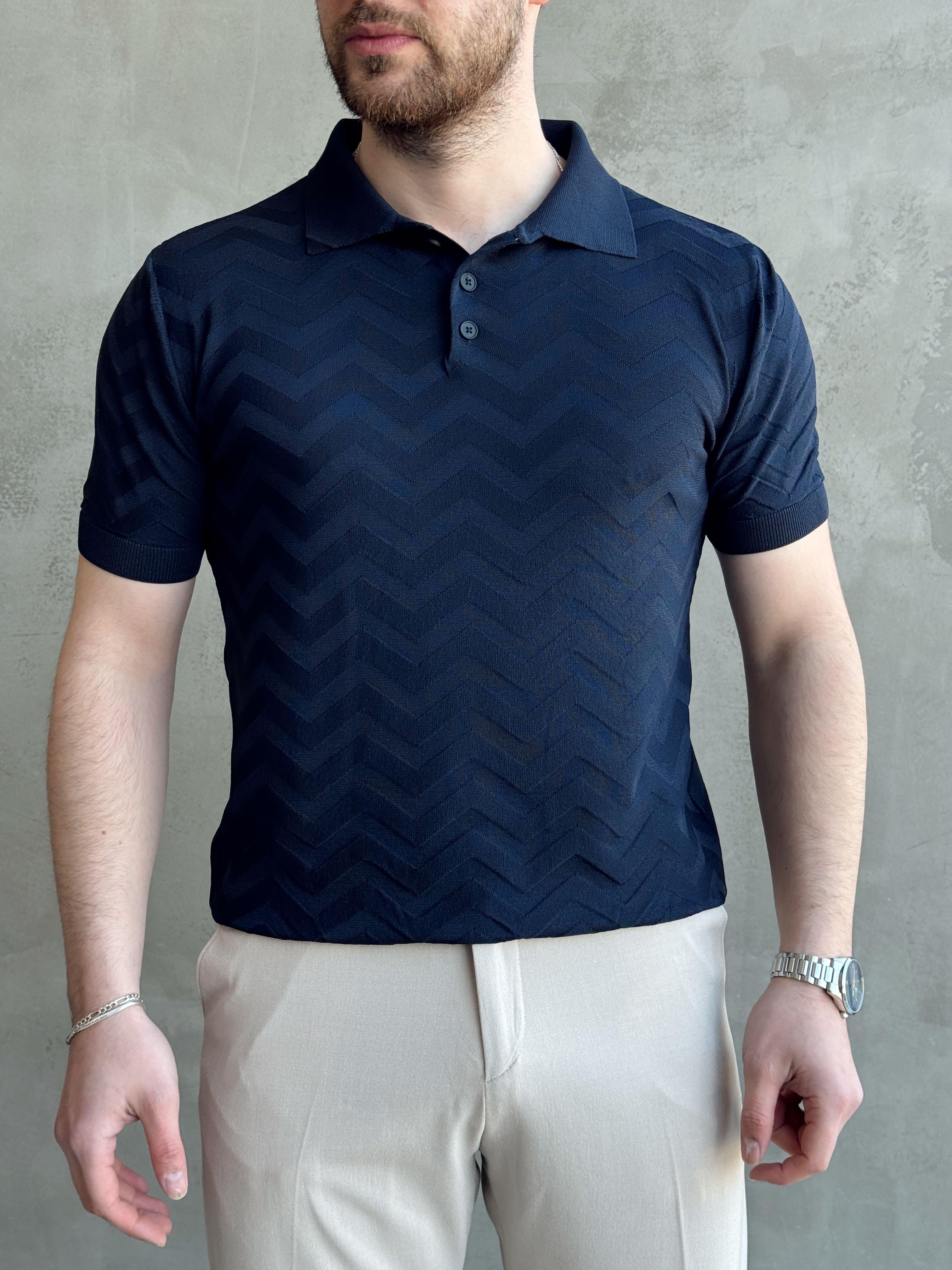 Erkek Özel Premium Seri Regular Fit Desenli Düğme Detay Polo Yaka Triko T-Shirt-Lacivert(E1658)Ketench