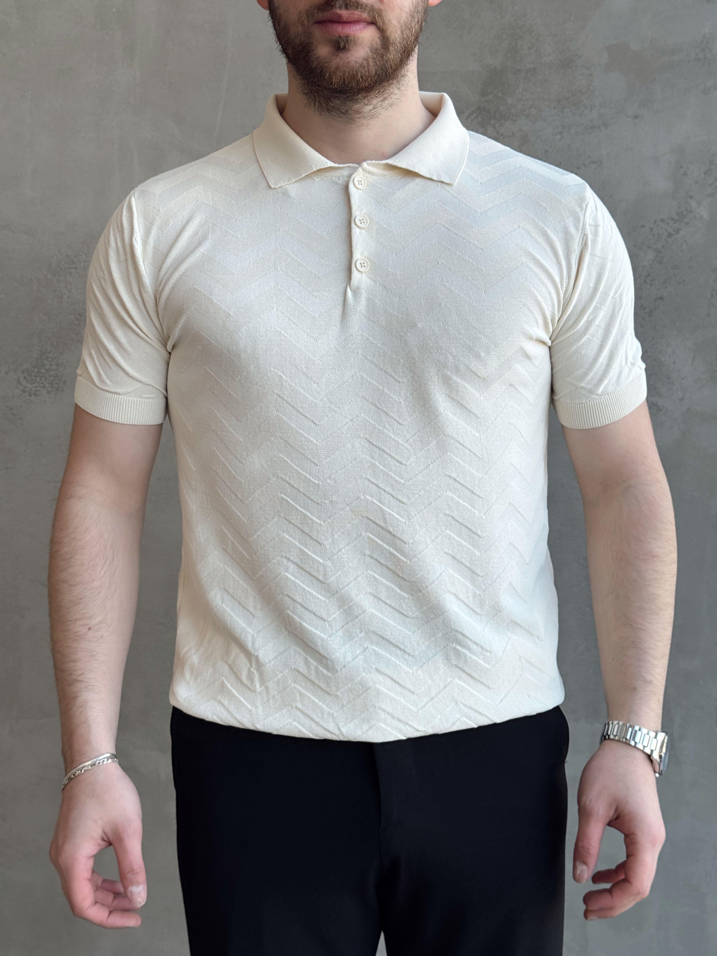 Erkek Özel Premium Seri Regular Fit Desenli Düğme Detay Polo Yaka Triko T-Shirt-Krem(E1658)Ketench