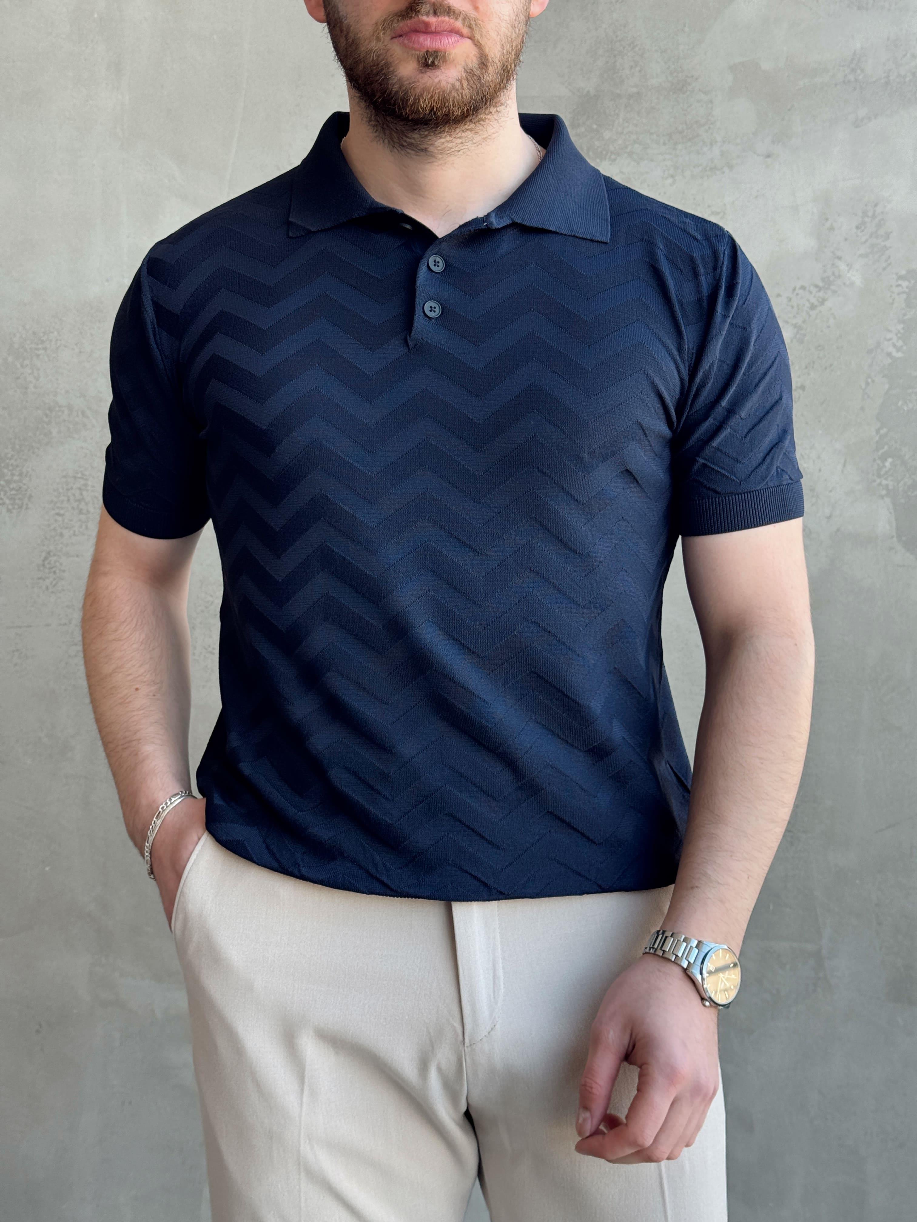 Erkek Özel Premium Seri Regular Fit Desenli Düğme Detay Polo Yaka Triko T-Shirt-Lacivert(E1658)Ketench