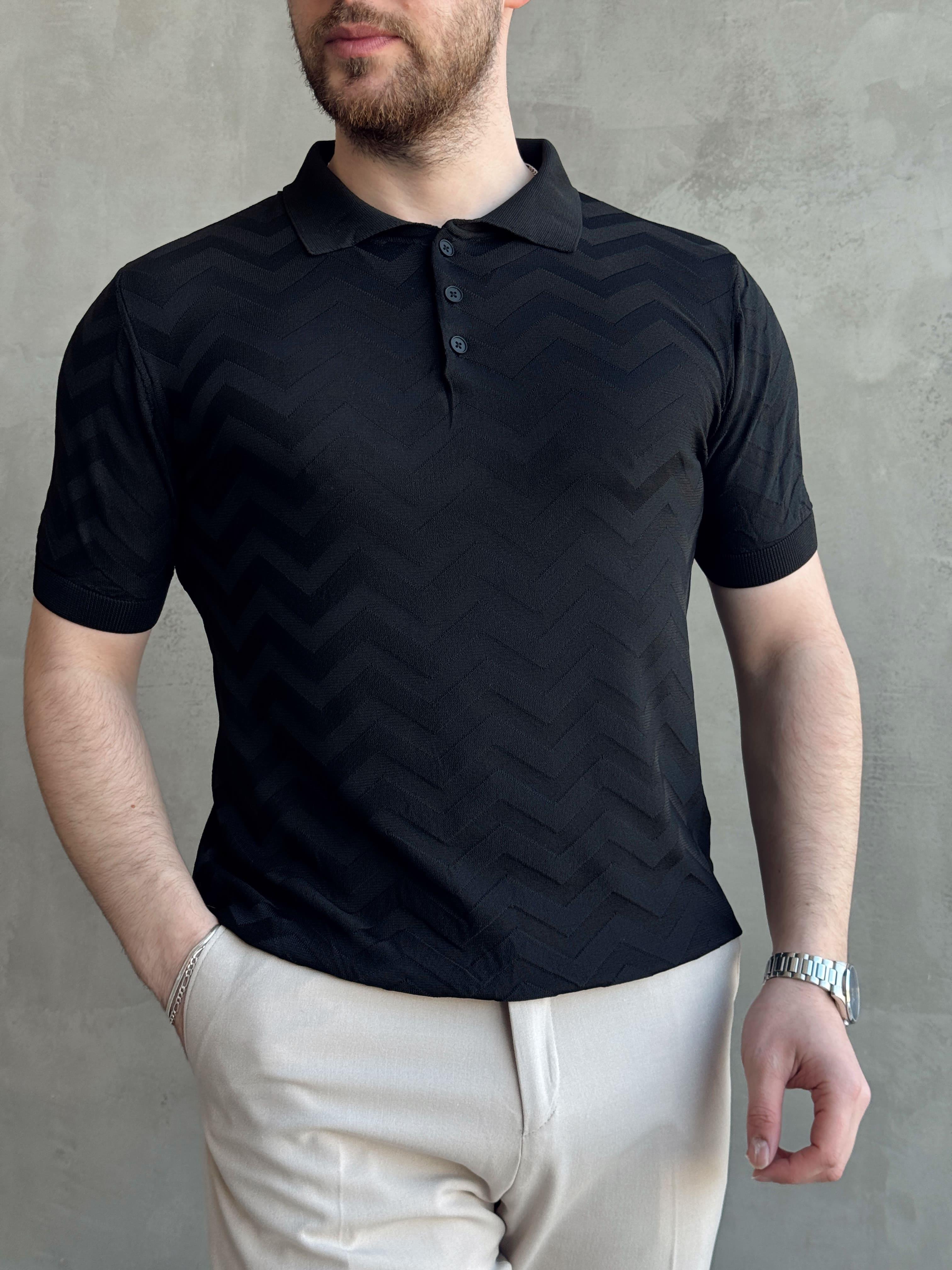 Erkek Özel Premium Seri Regular Fit Desenli Düğme Detay Polo Yaka Triko T-Shirt-Siyah(E1658)Ketench