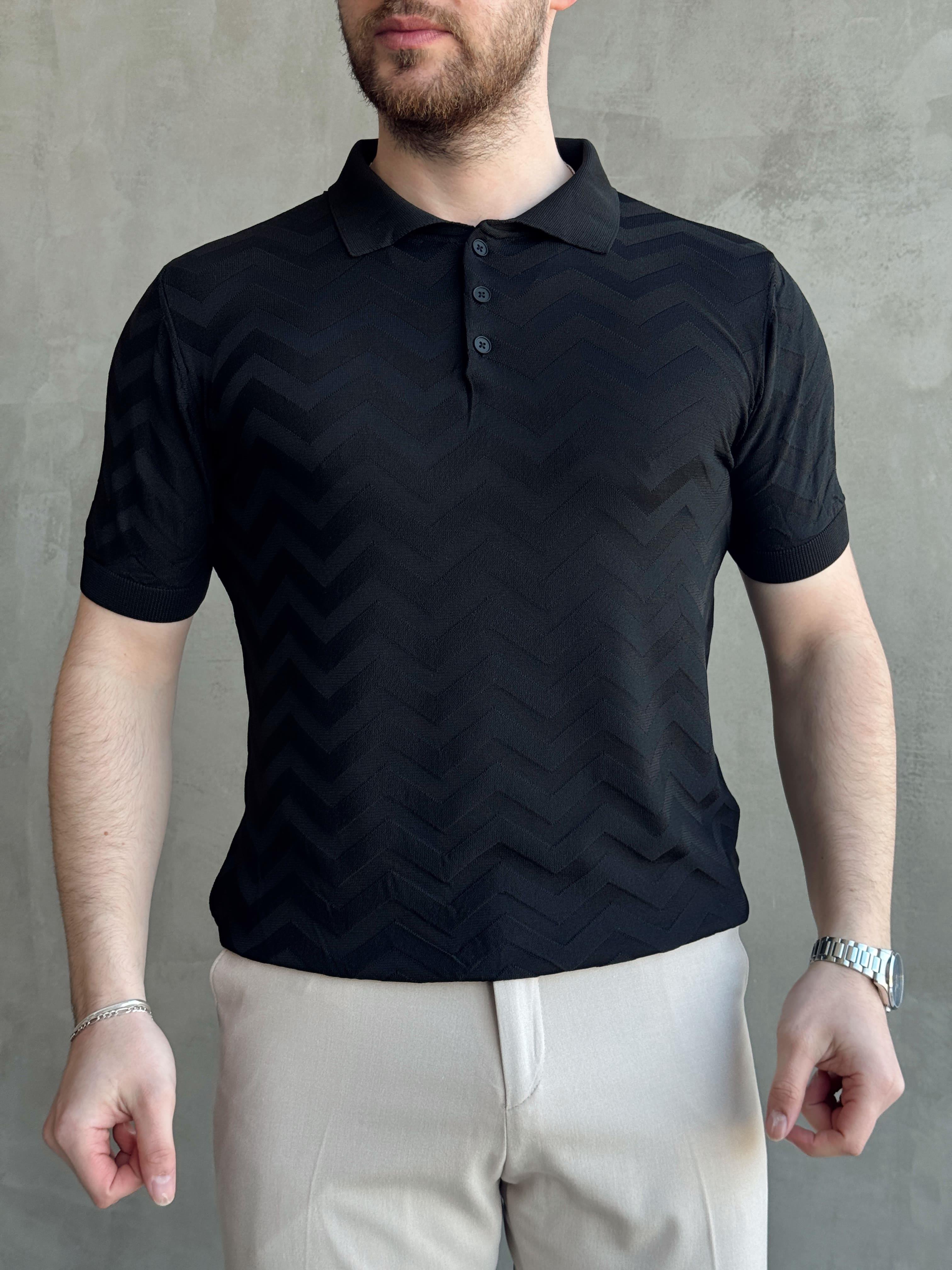 Erkek Özel Premium Seri Regular Fit Desenli Düğme Detay Polo Yaka Triko T-Shirt-Siyah(E1658)Ketench