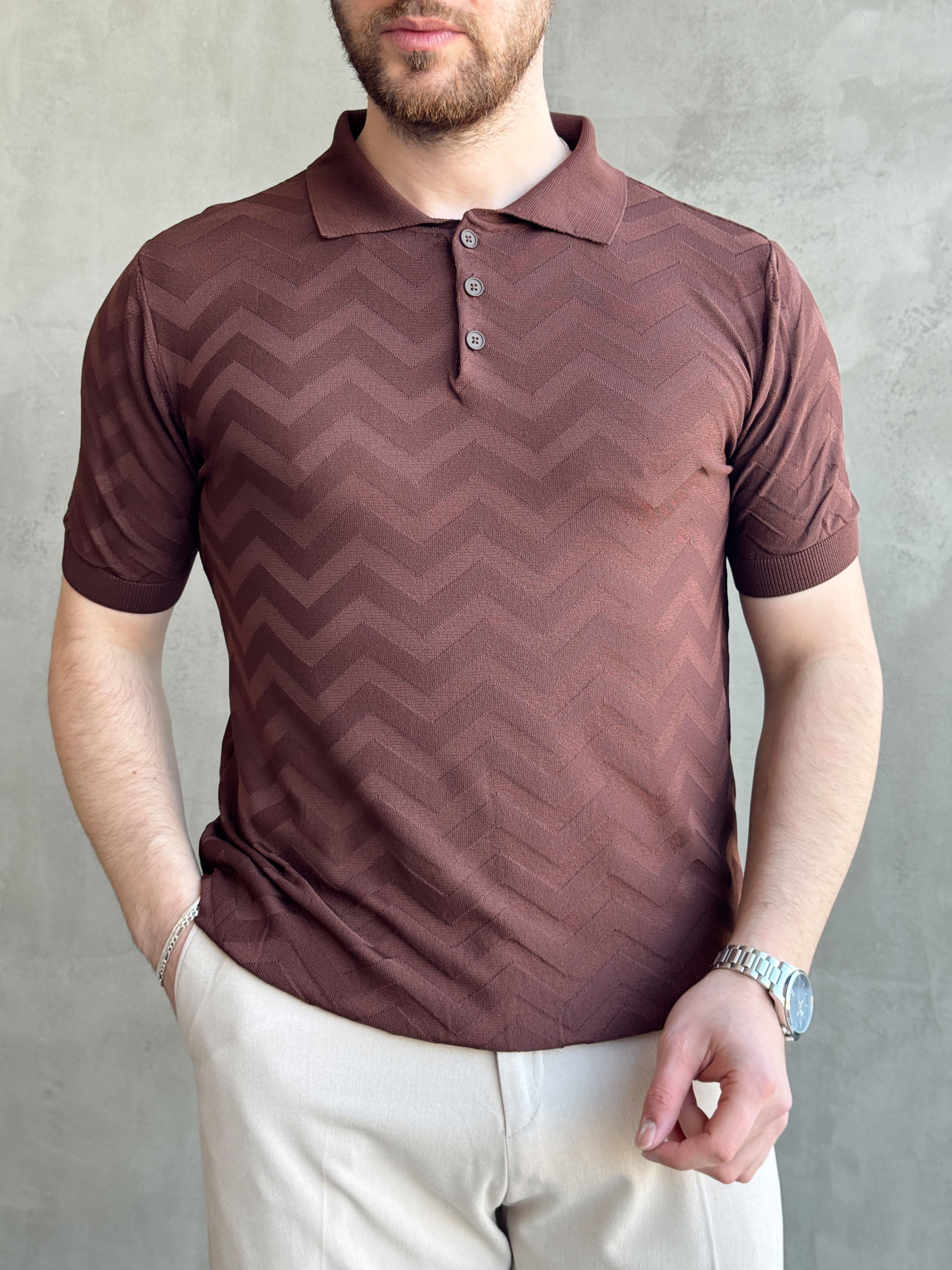 Erkek Özel Premium Seri Regular Fit Desenli Düğme Detay Polo Yaka Triko T-Shirt-Kahverengi(E1658)Ketench