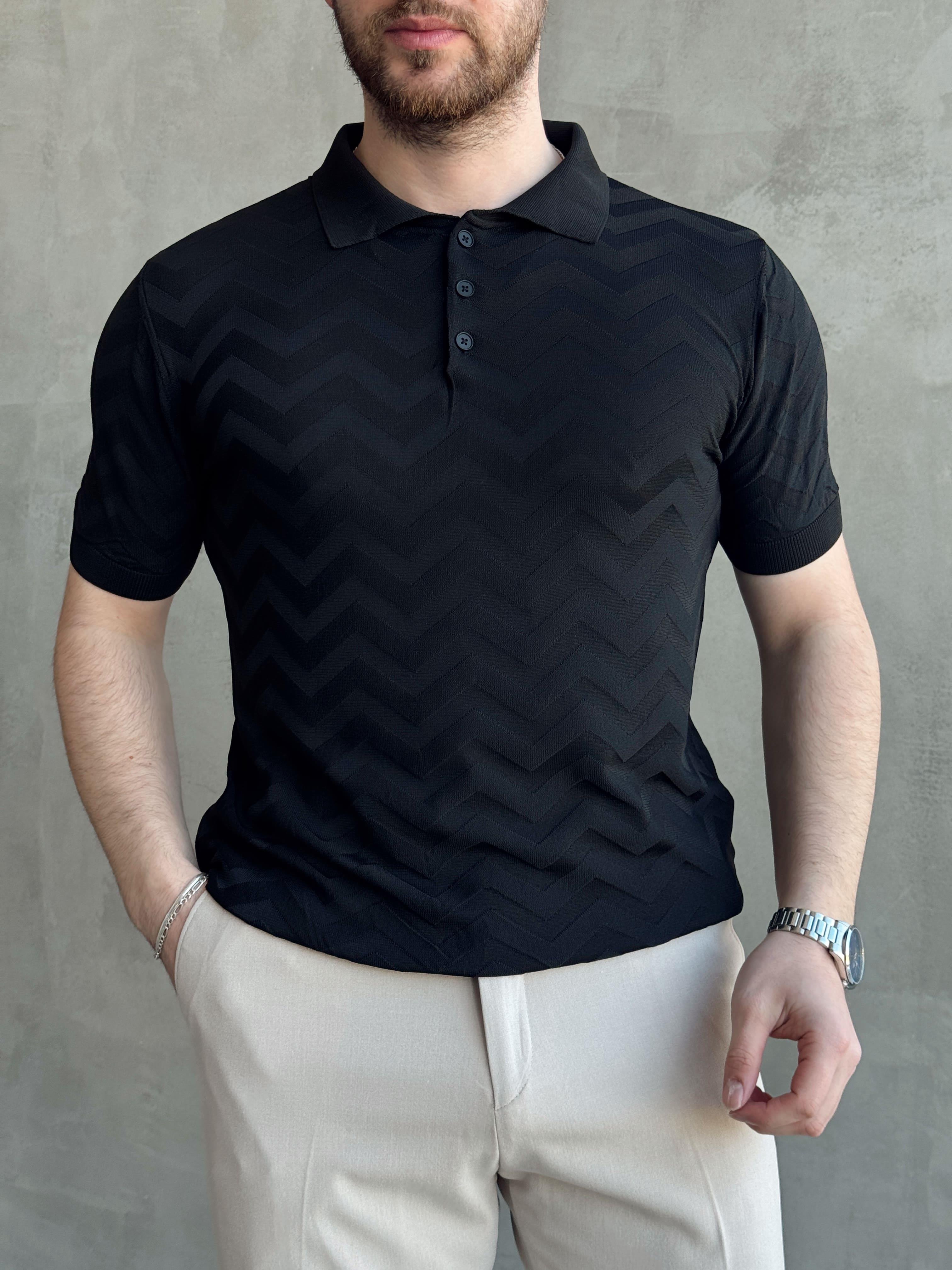 Erkek Özel Premium Seri Regular Fit Desenli Düğme Detay Polo Yaka Triko T-Shirt-Siyah(E1658)Ketench