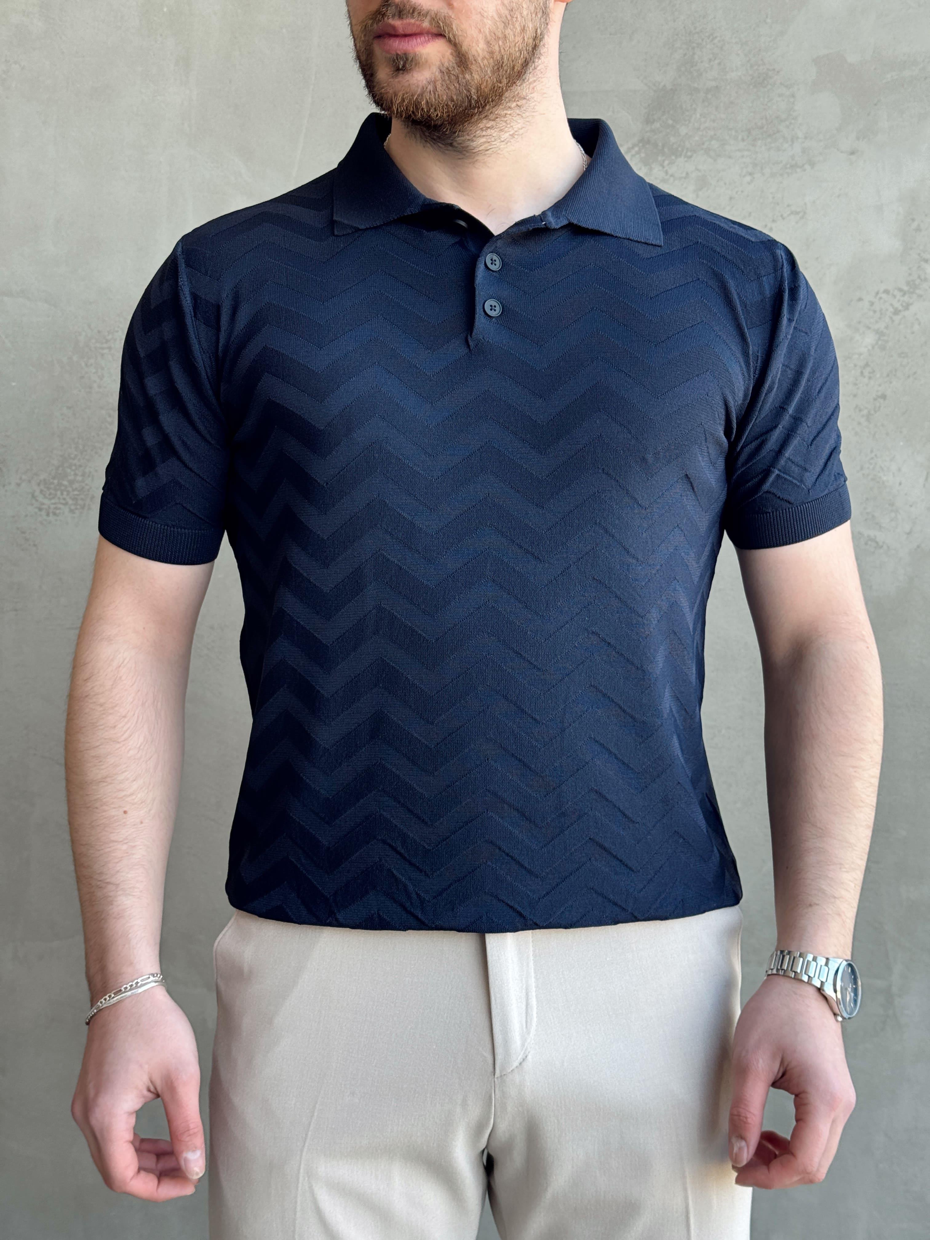 Erkek Özel Premium Seri Regular Fit Desenli Düğme Detay Polo Yaka Triko T-Shirt-Lacivert(E1658)Ketench
