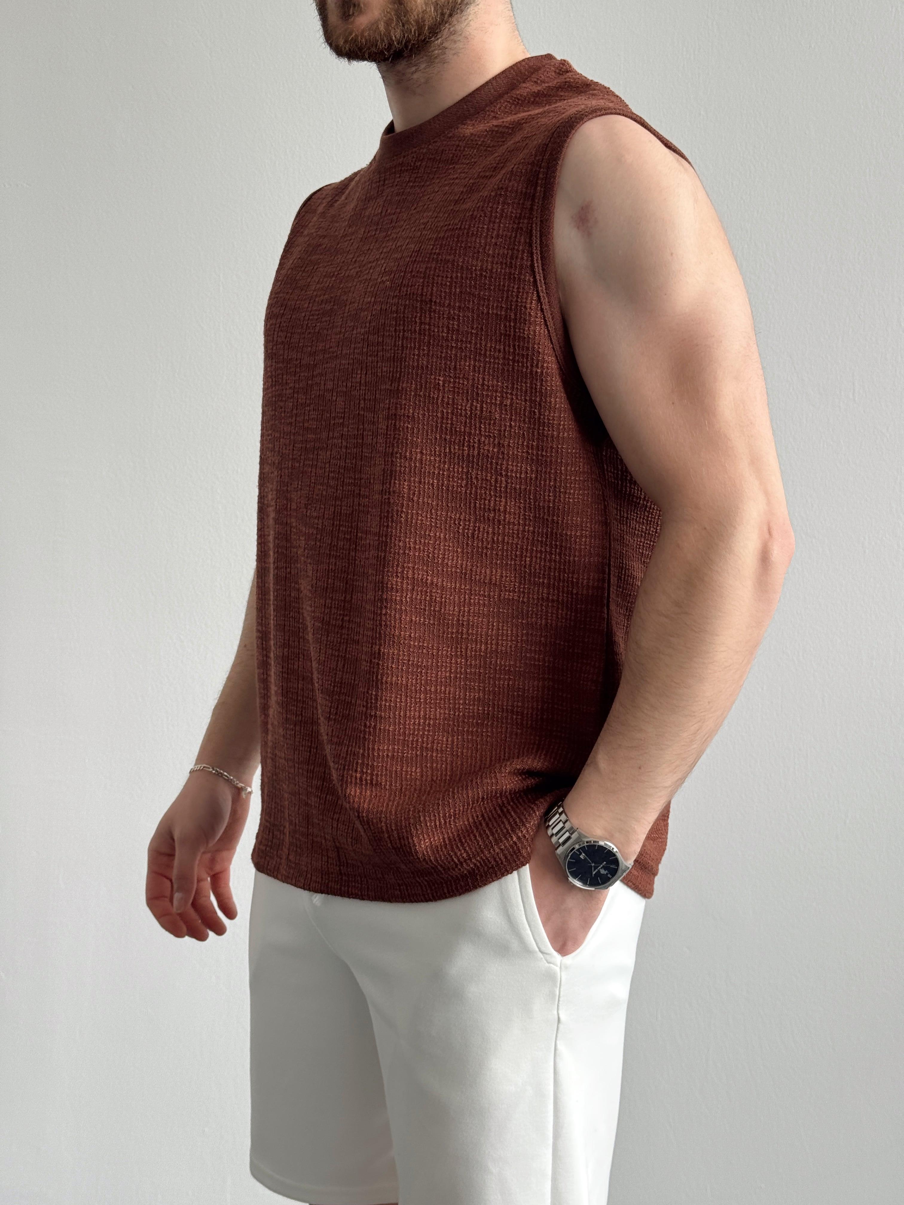 Erkek Özel Premium Seri Regular Fit Dokulu Kolsuz T-Shirt-Kahverengi(E1354)Ketench
