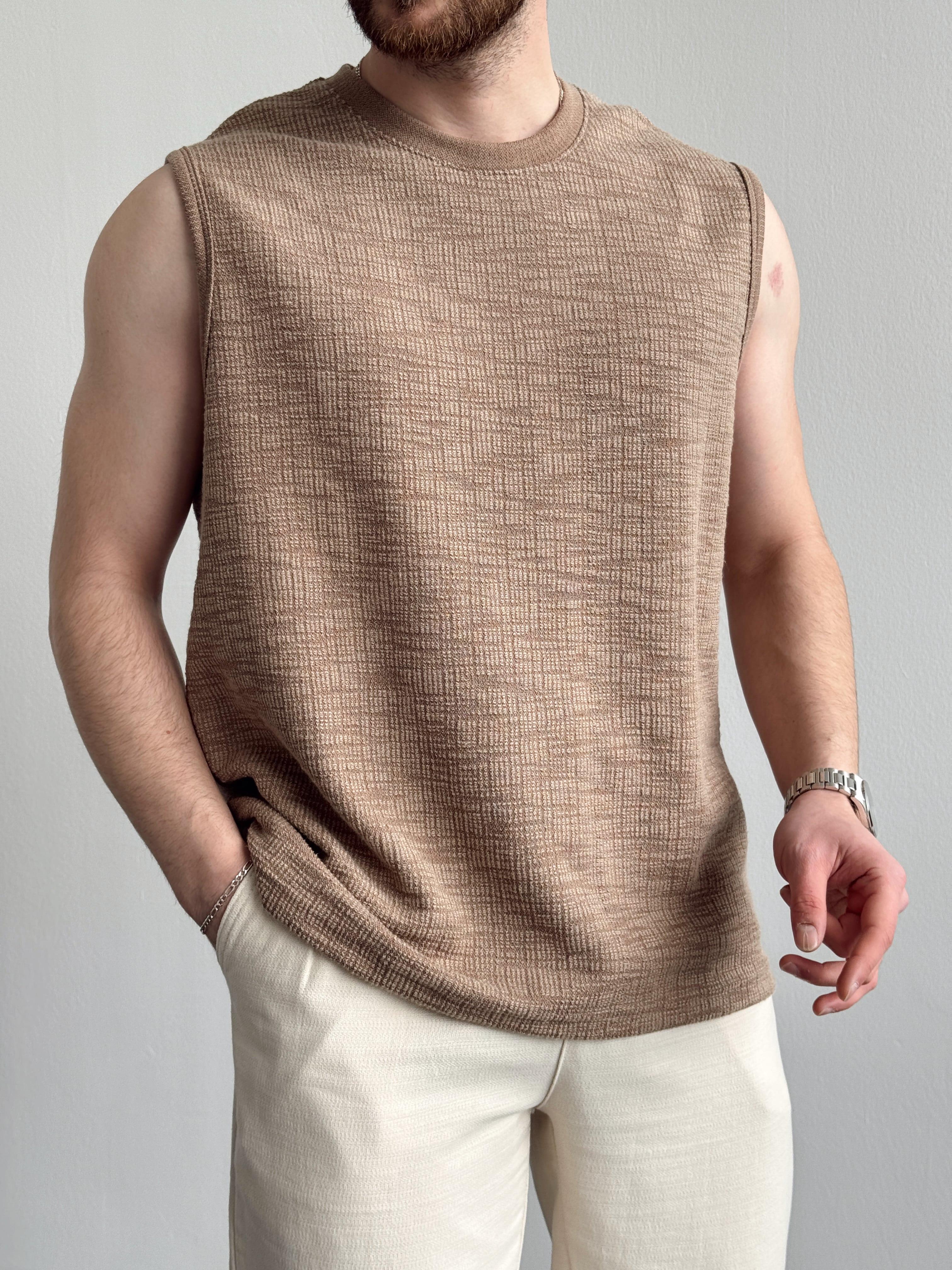 Erkek Özel Premium Seri Regular Fit Dokulu Kolsuz T-Shirt-Vizon(E1354)Ketench
