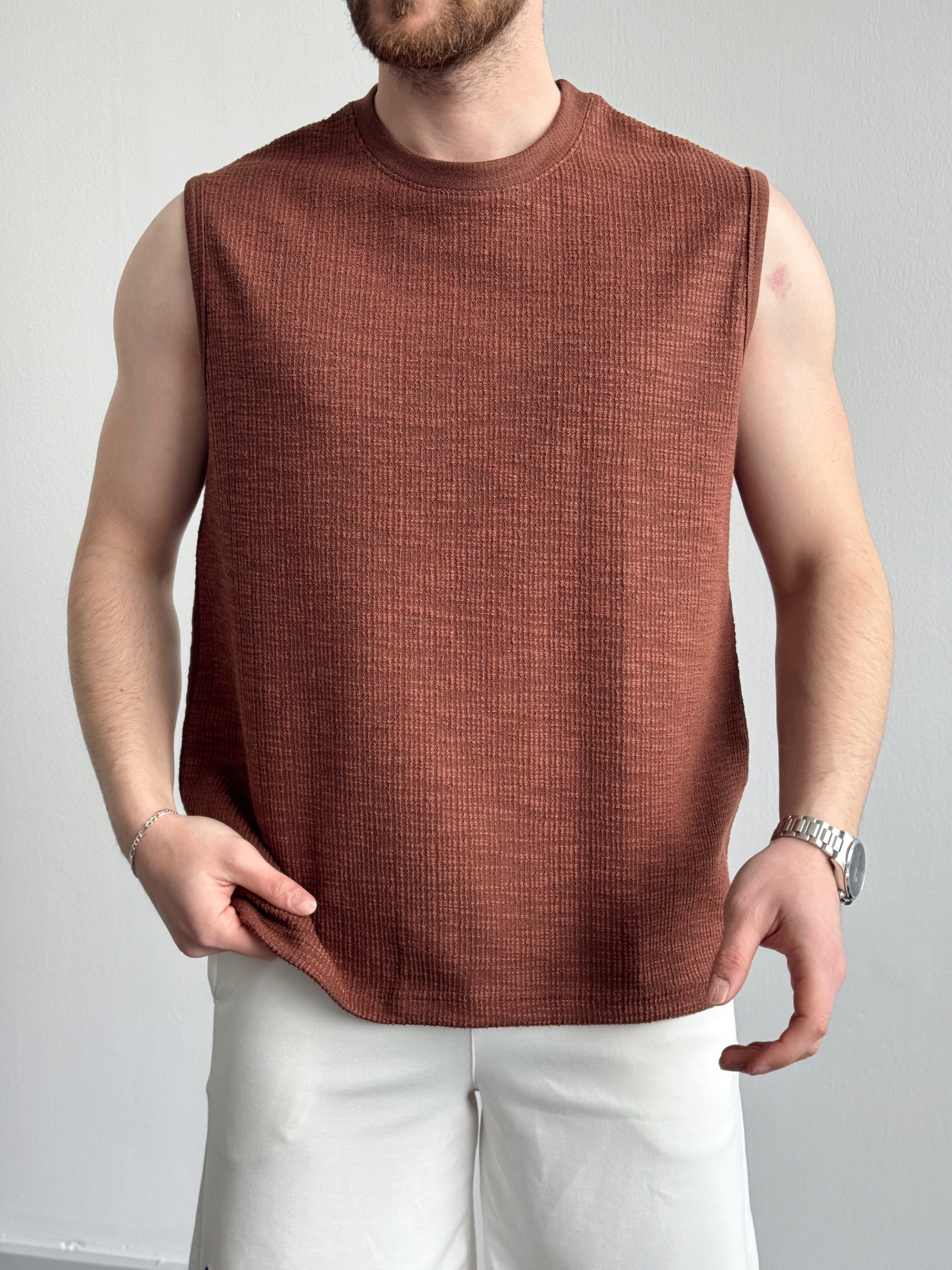 Erkek Özel Premium Seri Regular Fit Dokulu Kolsuz T-Shirt-Kahverengi(E1354)Ketench