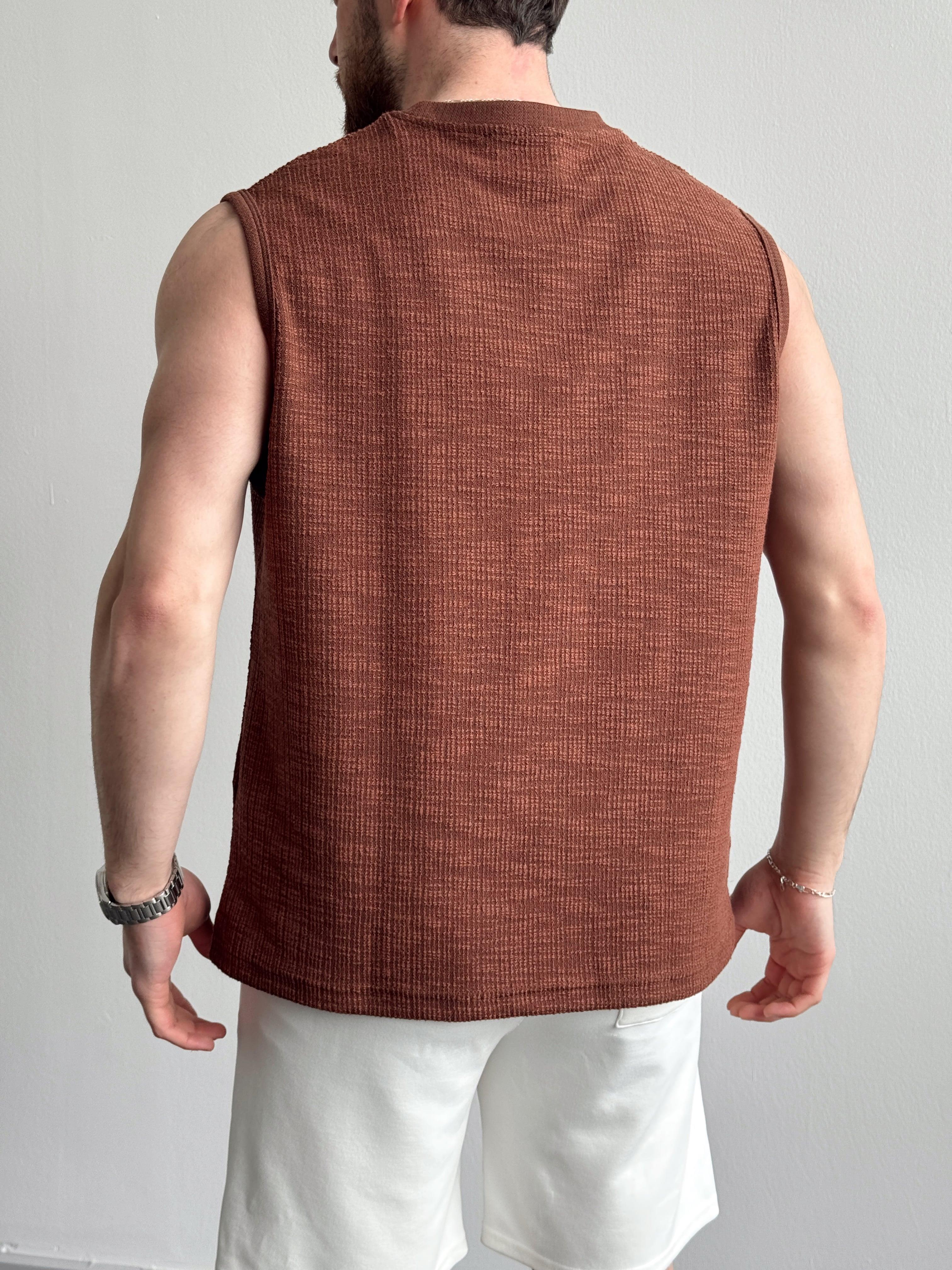 Erkek Özel Premium Seri Regular Fit Dokulu Kolsuz T-Shirt-Kahverengi(E1354)Ketench