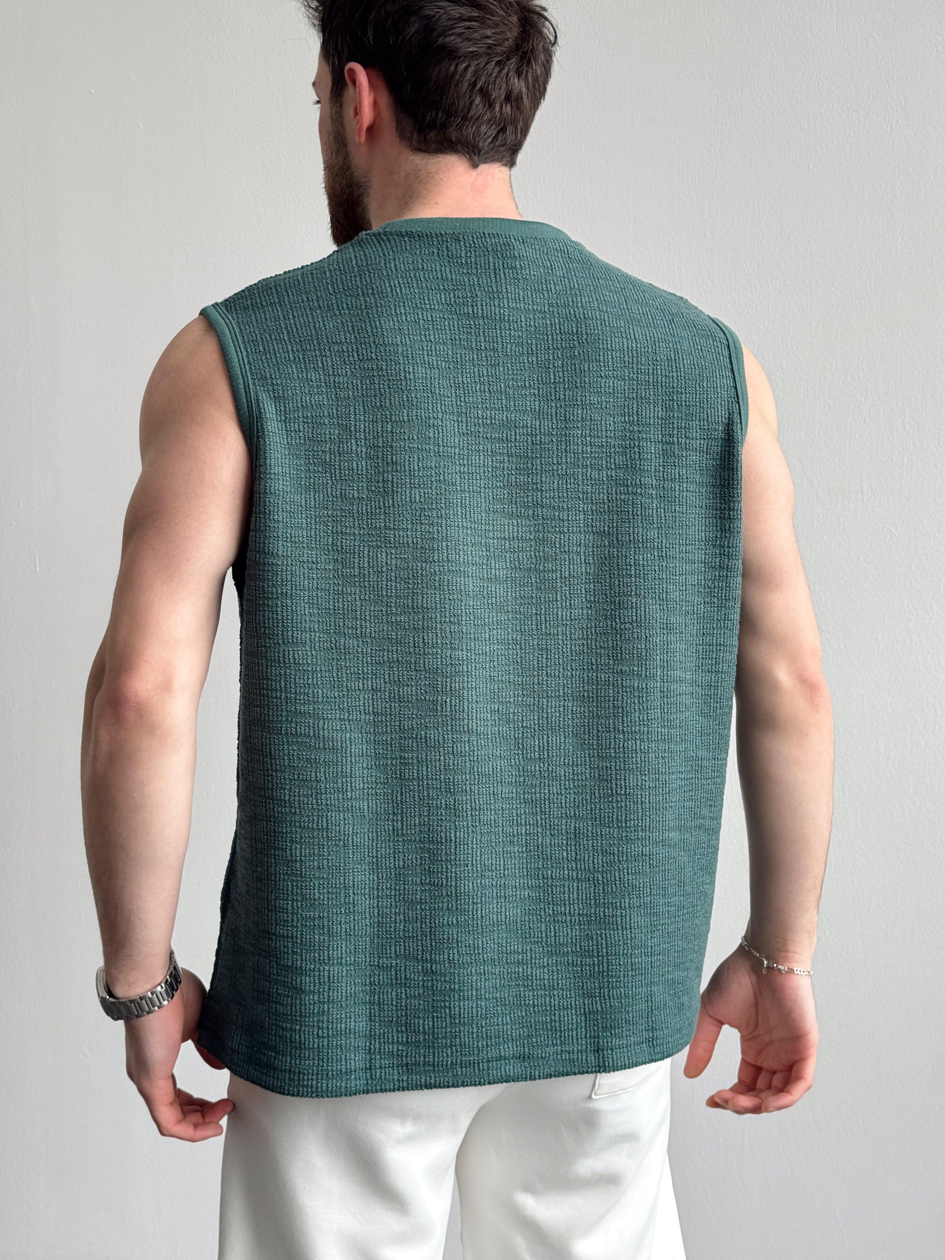 Erkek Özel Premium Seri Regular Fit Dokulu Kolsuz T-Shirt-Yeşil(E1354)Ketench