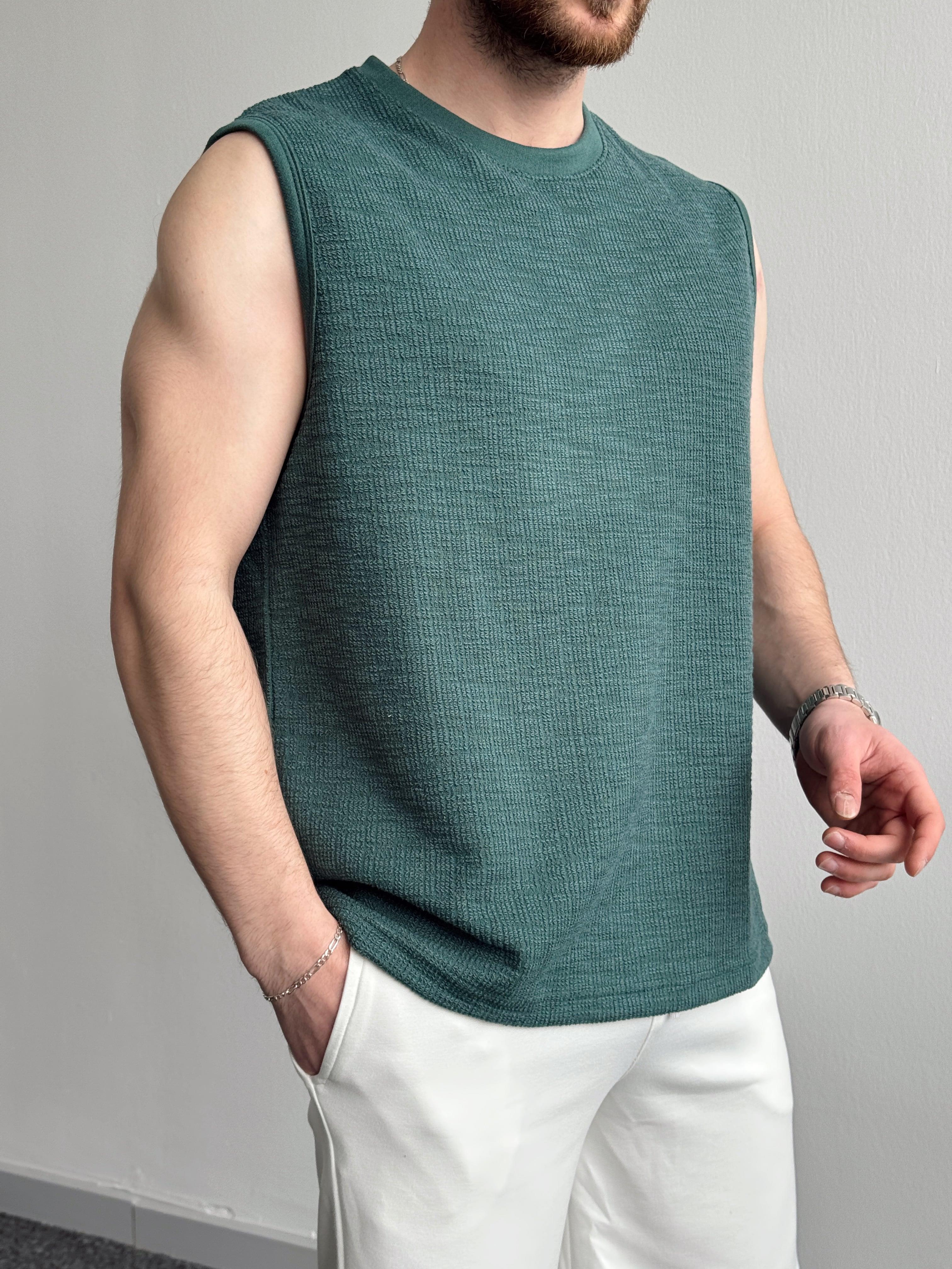 Erkek Özel Premium Seri Regular Fit Dokulu Kolsuz T-Shirt-Yeşil(E1354)Ketench