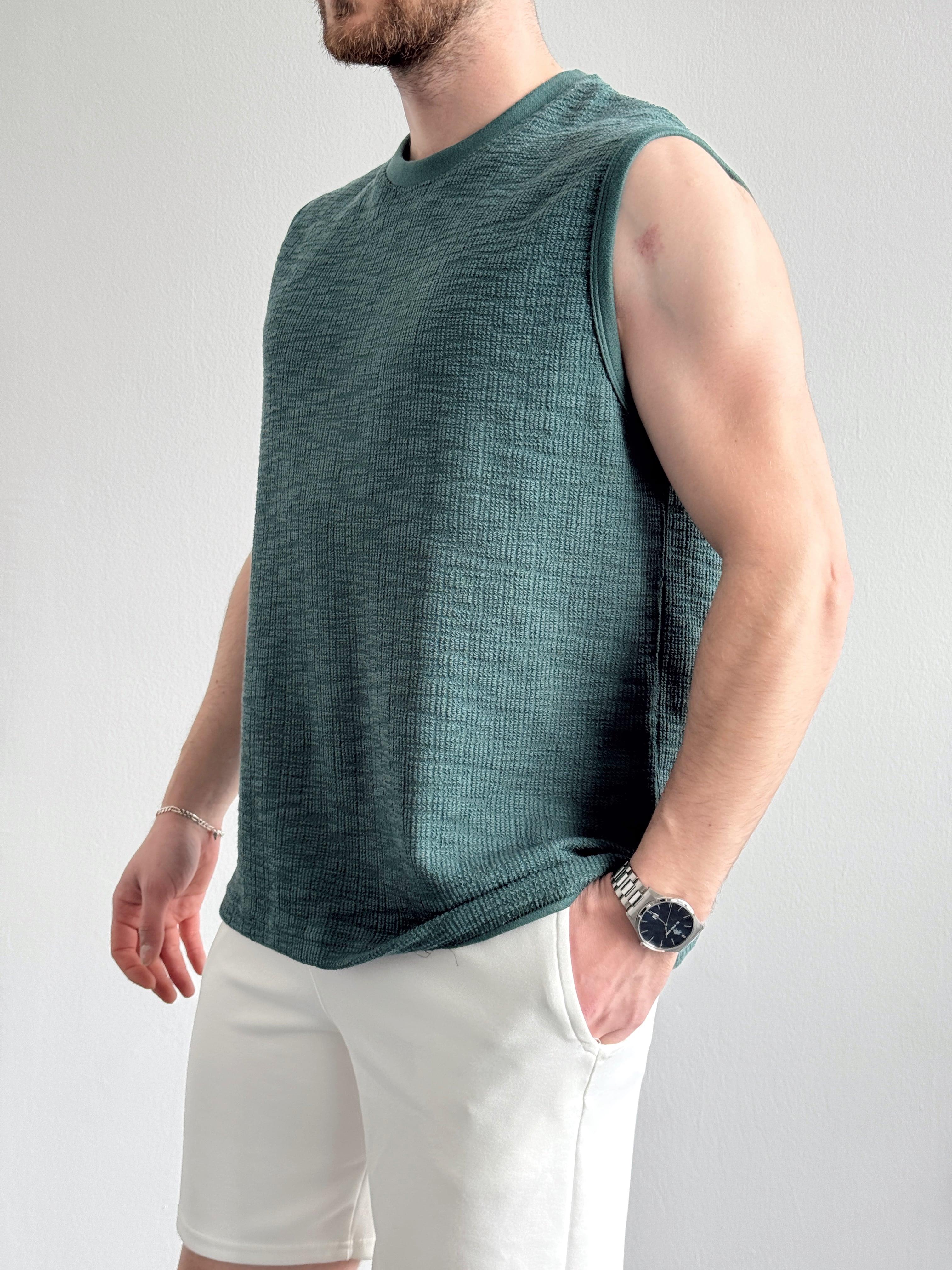 Erkek Özel Premium Seri Regular Fit Dokulu Kolsuz T-Shirt-Yeşil(E1354)Ketench