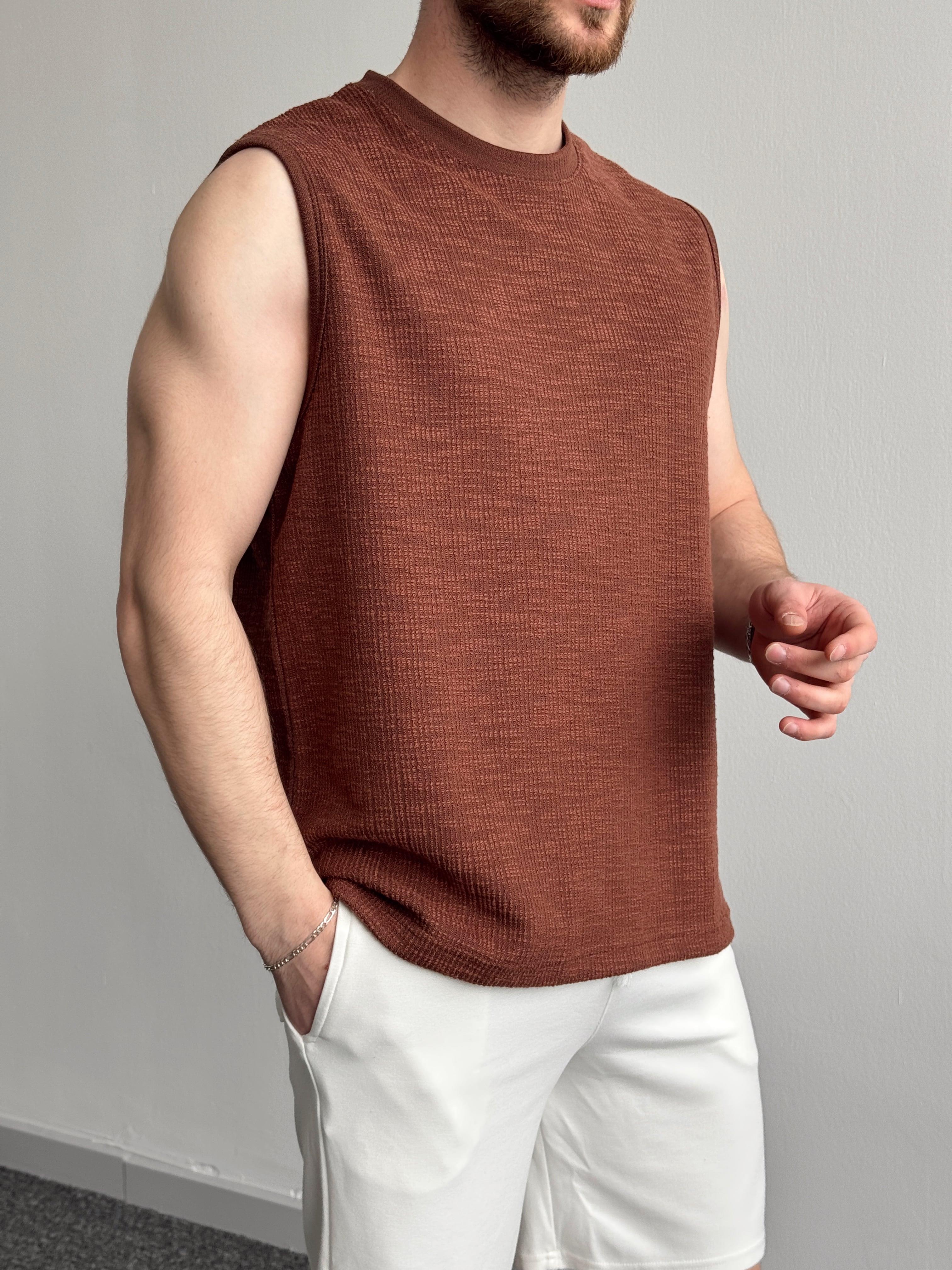 Erkek Özel Premium Seri Regular Fit Dokulu Kolsuz T-Shirt-Kahverengi(E1354)Ketench