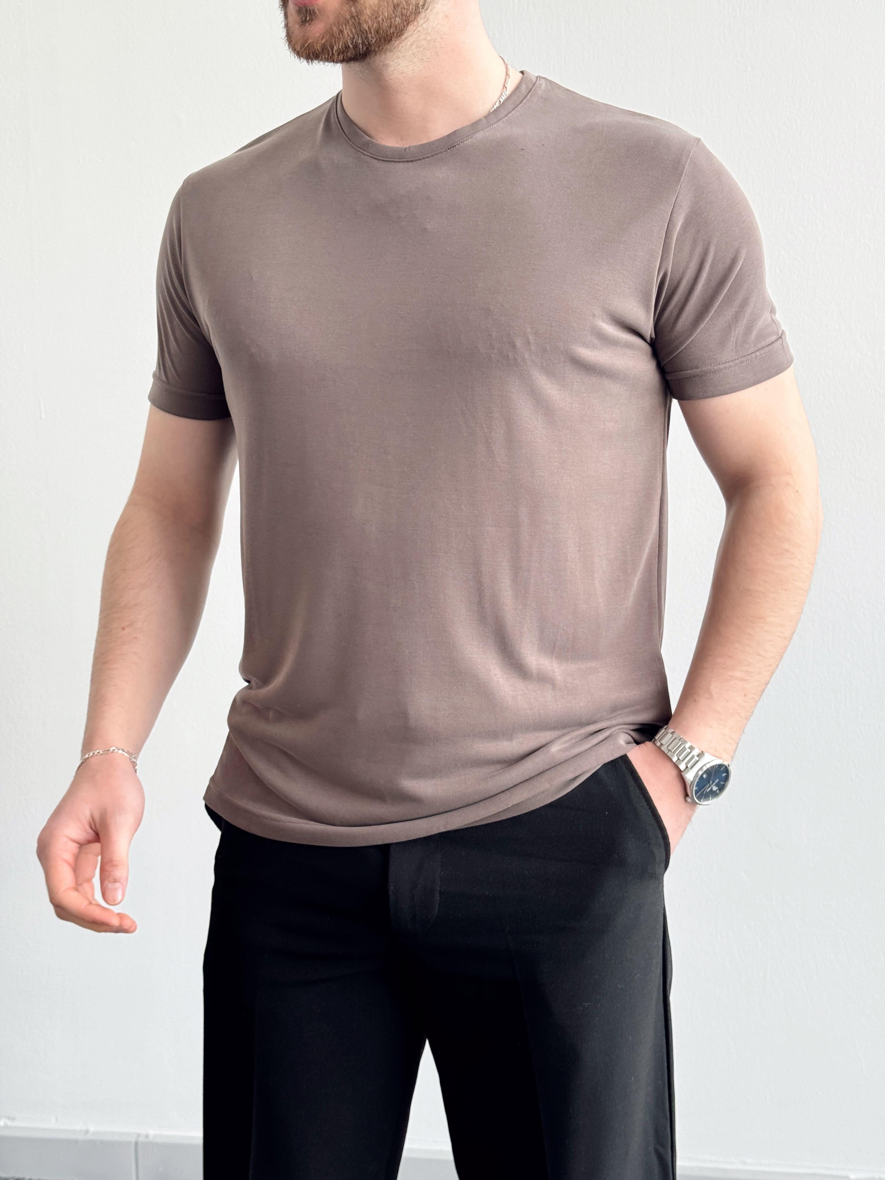 Erkek Özel Premium Seri Regular Fit Modal Teknik Kumaş T-Shirt-Kahverengi(E1340)Ketench