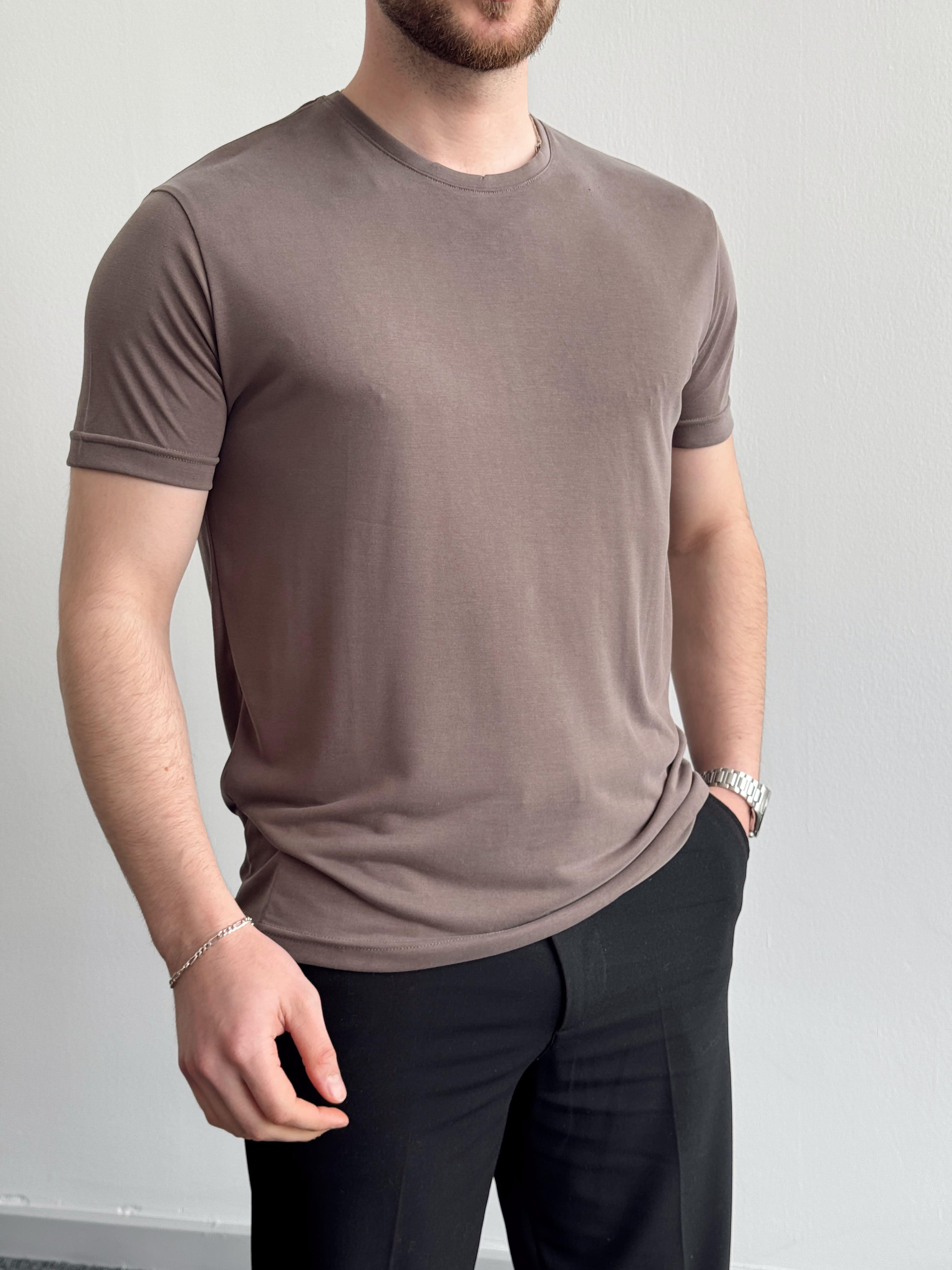 Erkek Özel Premium Seri Regular Fit Modal Teknik Kumaş T-Shirt-Kahverengi(E1340)Ketench