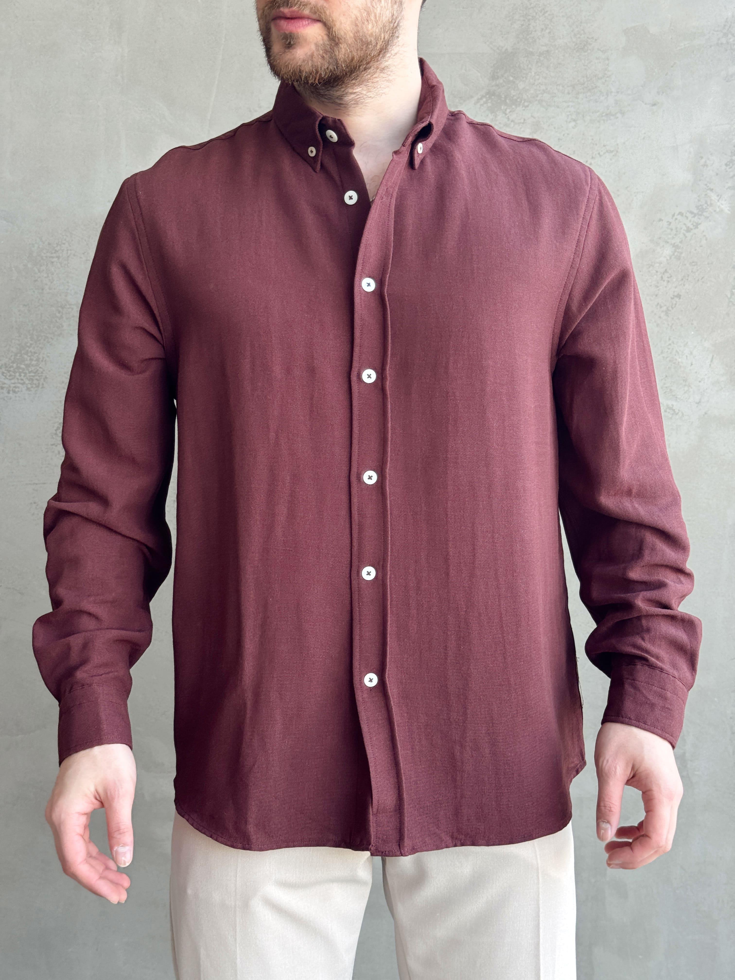 Erkek Özel Premium Seri Regular Fit Yaka Düğme Detaylı Keten Gömlek-Bordo(E1626)Ketench