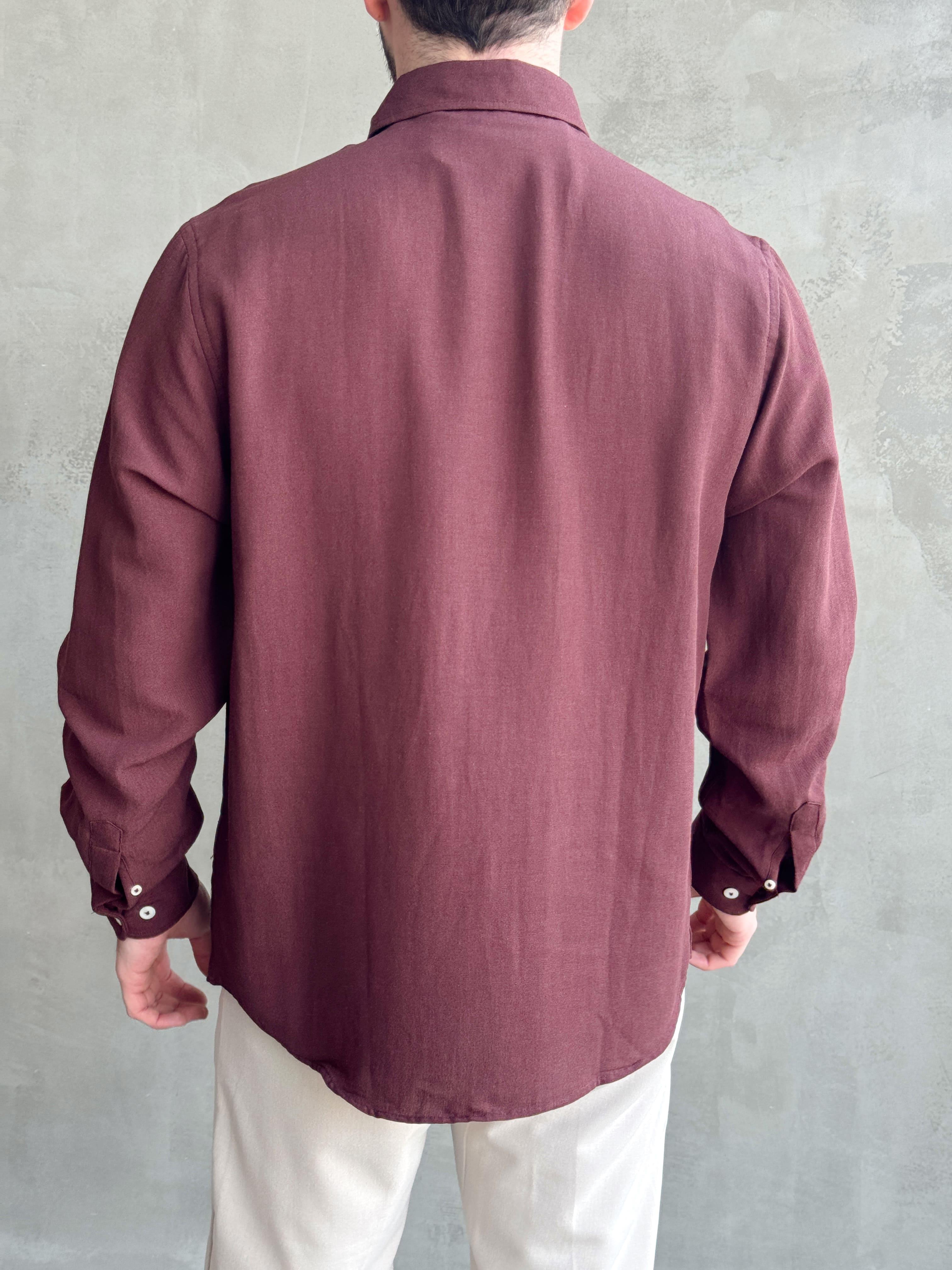 Erkek Özel Premium Seri Regular Fit Yaka Düğme Detaylı Keten Gömlek-Bordo(E1626)Ketench