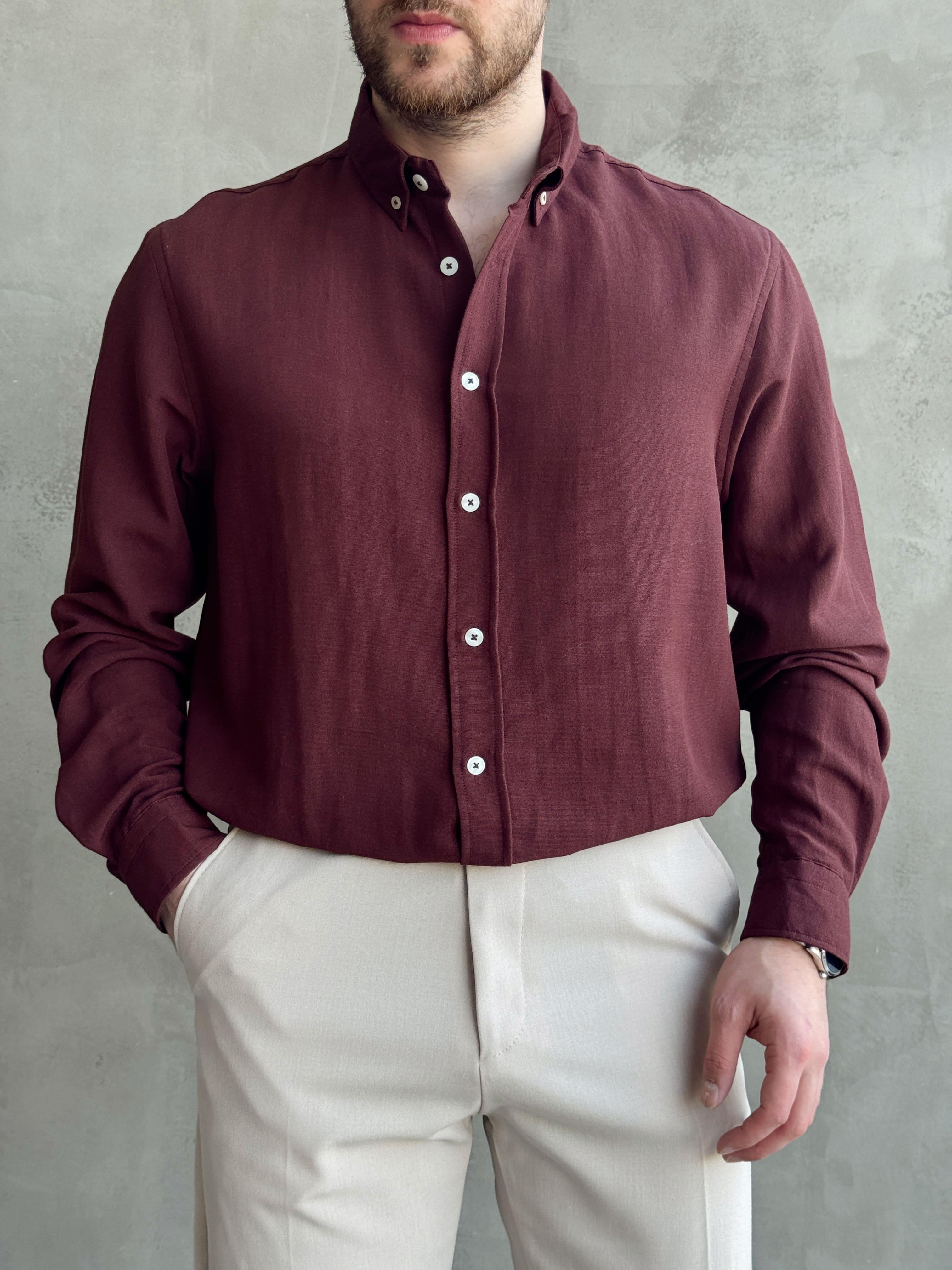 Erkek Özel Premium Seri Regular Fit Yaka Düğme Detaylı Keten Gömlek-Bordo(E1626)Ketench