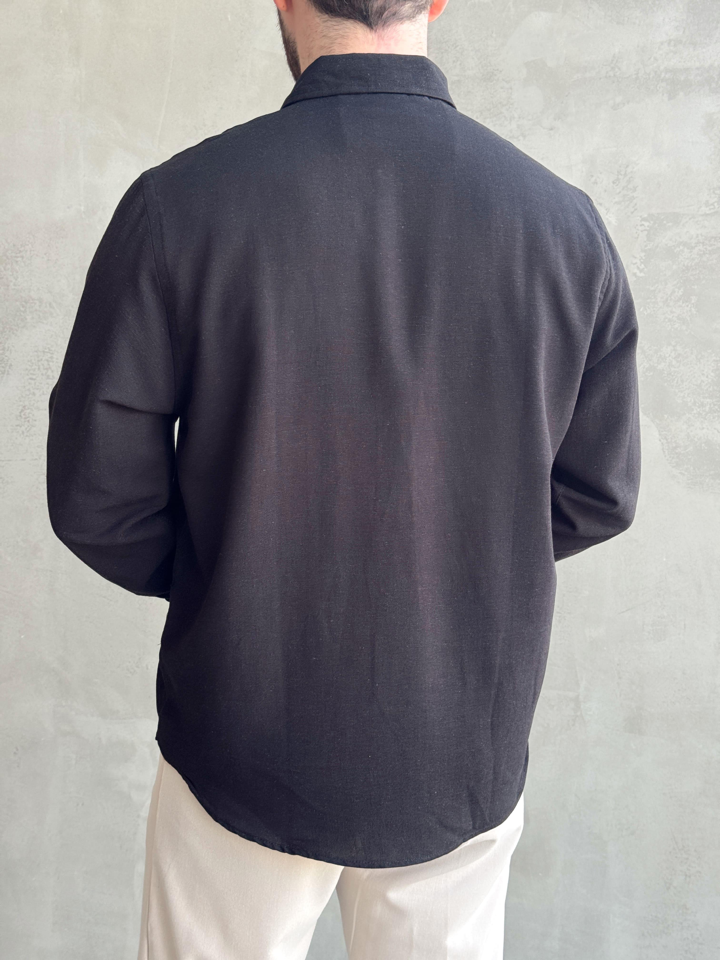 Erkek Özel Premium Seri Regular Fit Yaka Düğme Detaylı Keten Gömlek-Siyah(E1626)Ketench