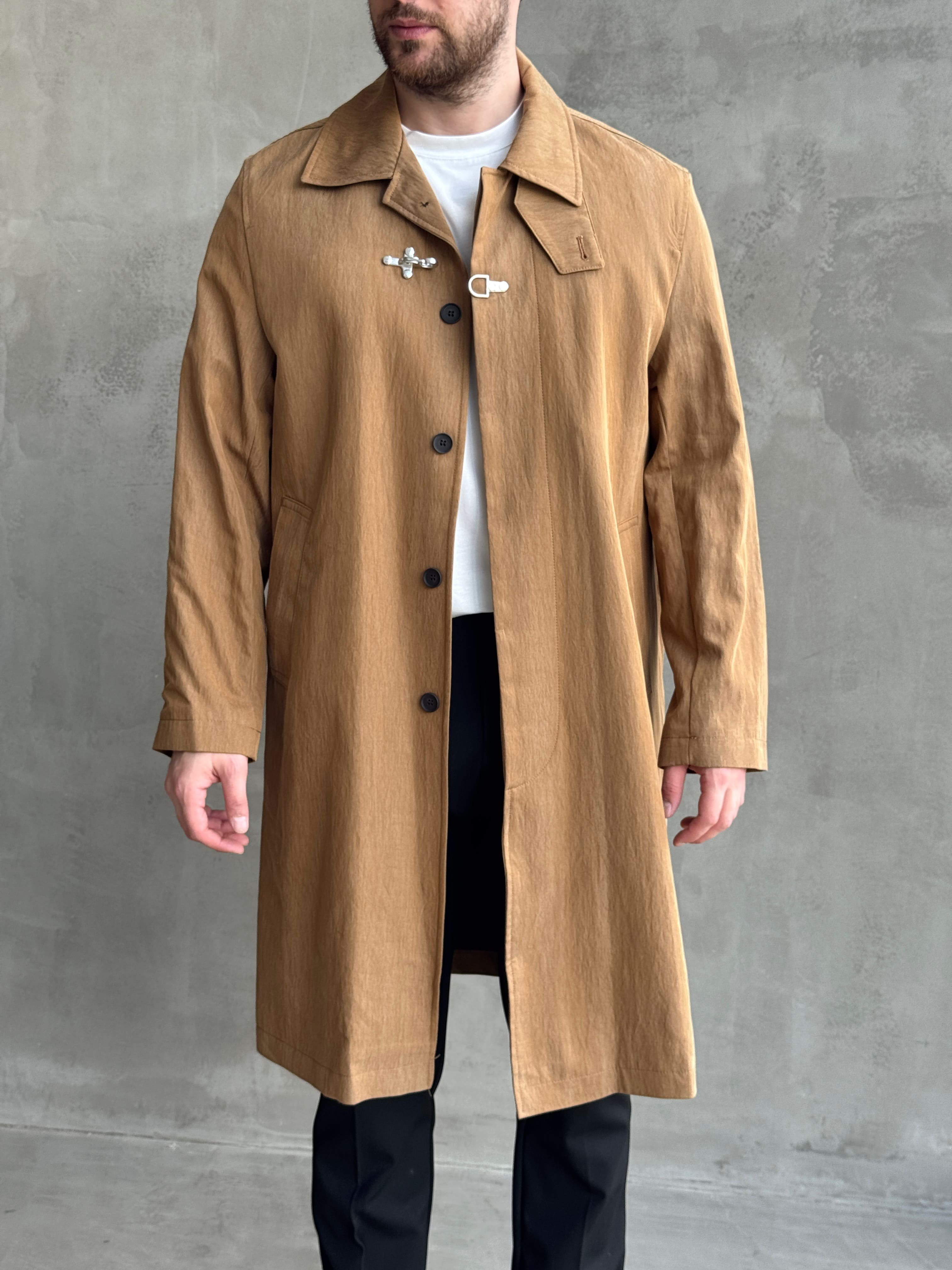 Erkek Özel Premium Seri Regular Kalıp Aksesuar Detaylı Lyocell Kumaş Trençkot-Camel(E1862)Ketench