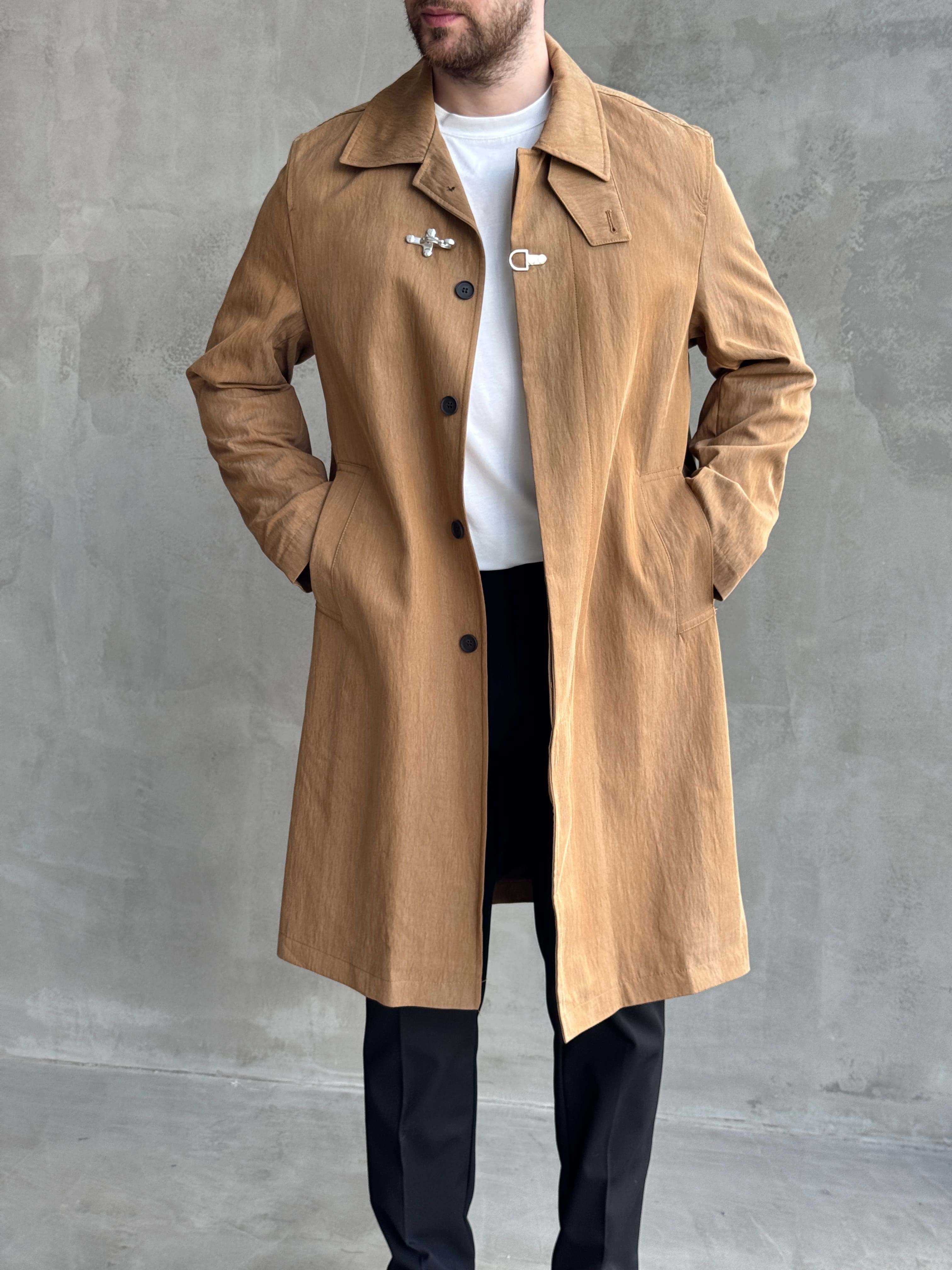 Erkek Özel Premium Seri Regular Kalıp Aksesuar Detaylı Lyocell Kumaş Trençkot-Camel(E1862)Ketench