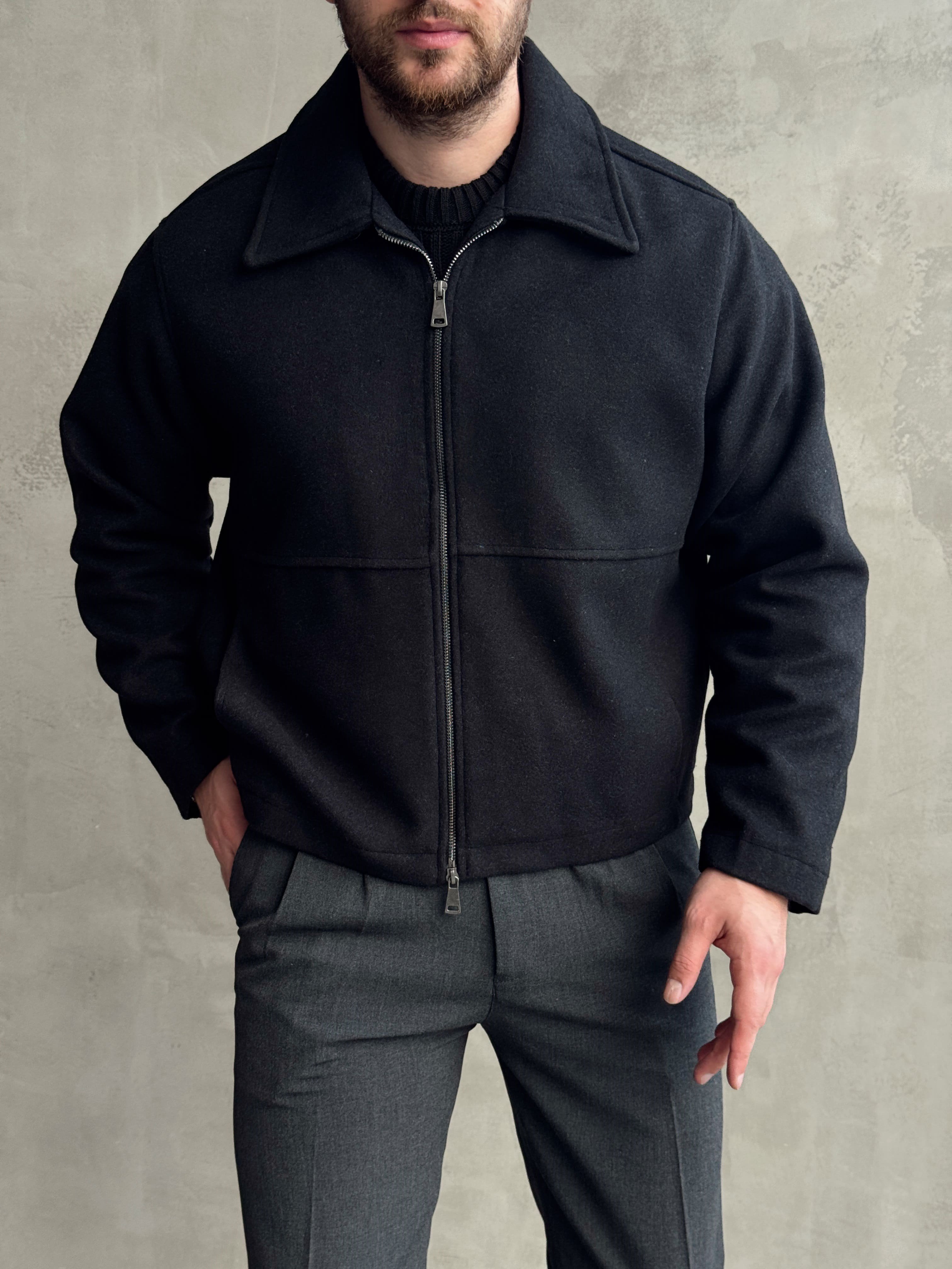 Erkek Özel Premium Seri Relax Fit Çift Fermuarlı Crop Kesim Kaşe Ceket-Siyah(E1831)Ketench