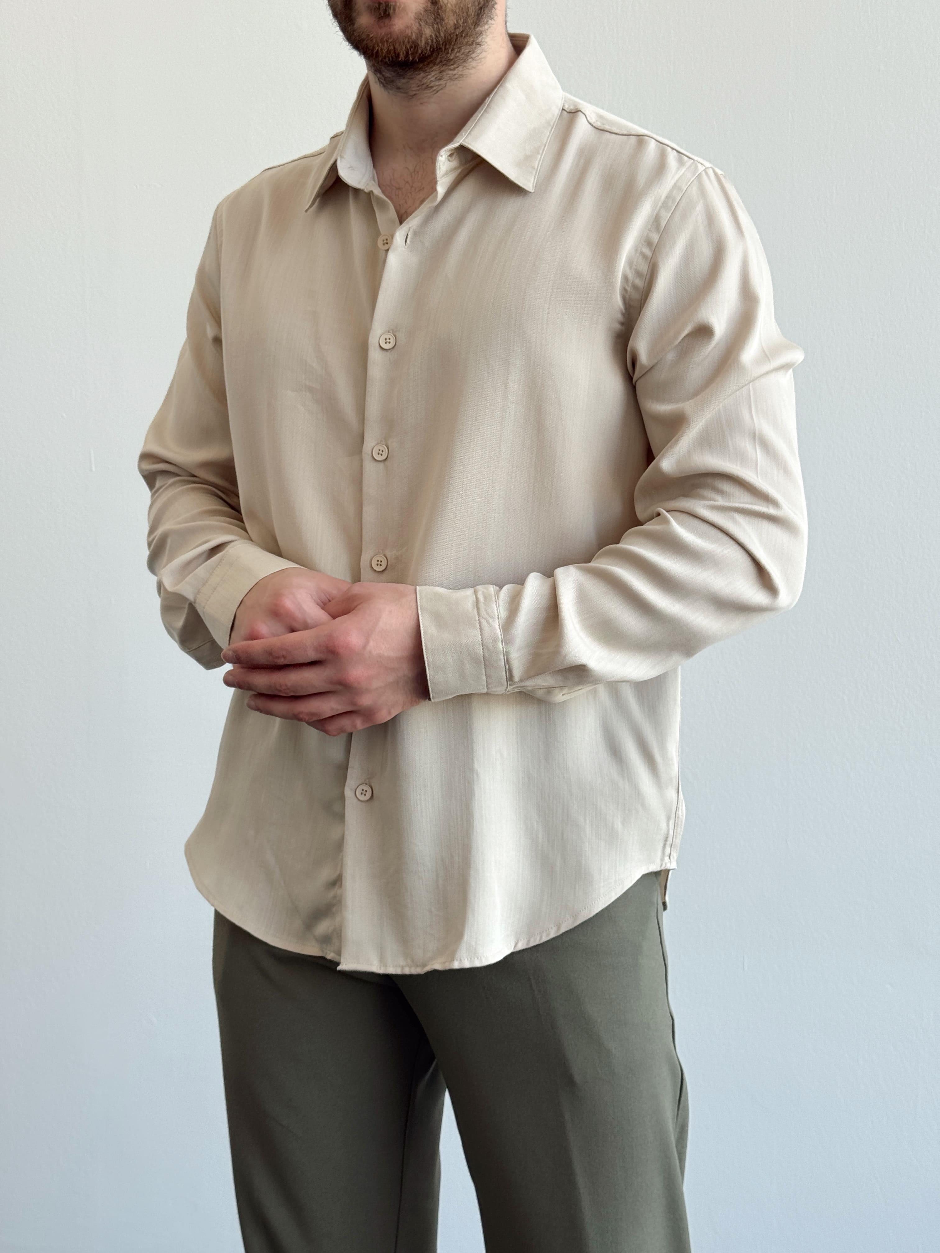 Erkek Özel Premium Seri Relax Fit Liyosel Kumaş Gömlek-Bej(E1436)Ketench