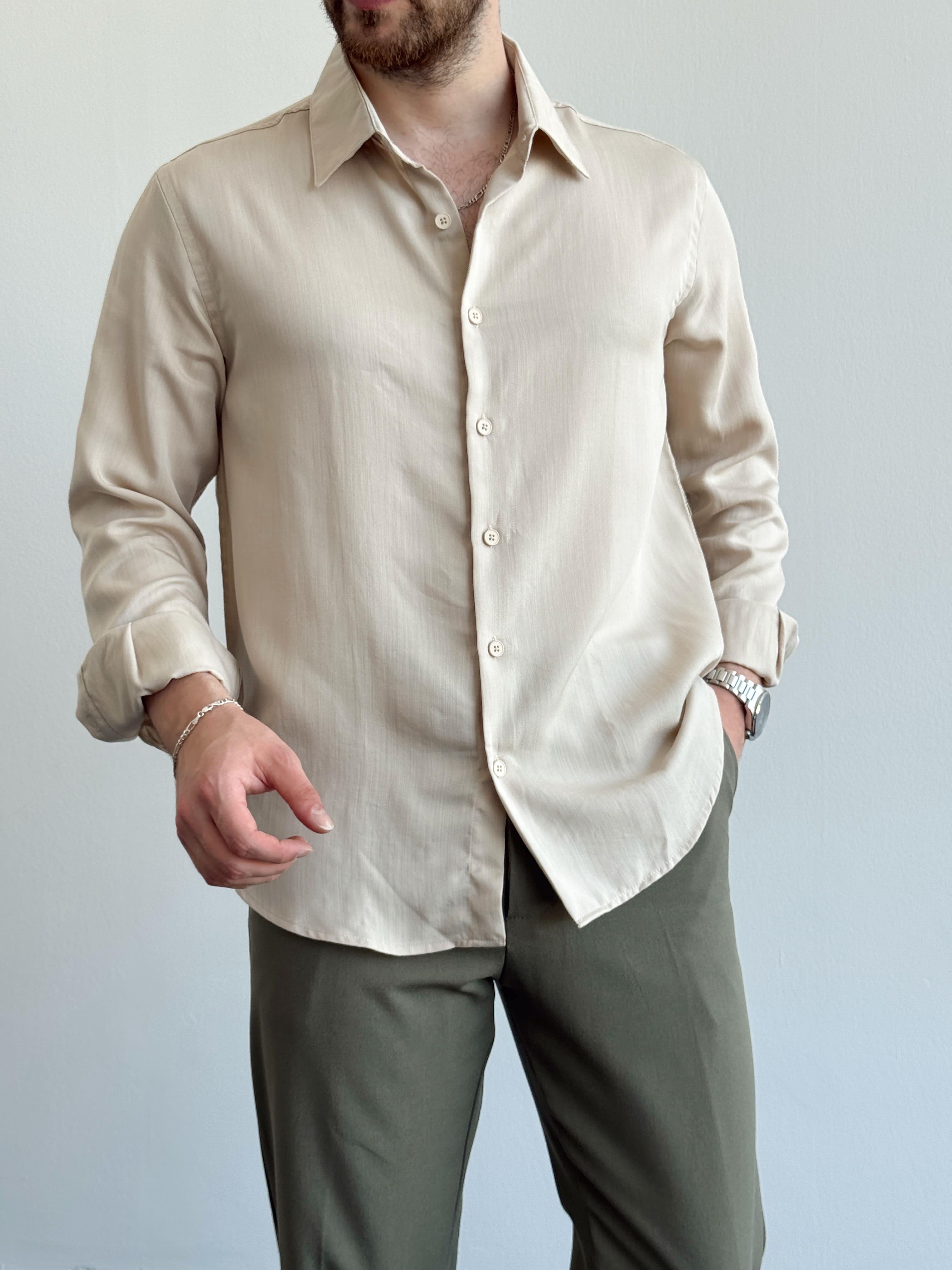 Erkek Özel Premium Seri Relax Fit Liyosel Kumaş Gömlek-Bej(E1436)Ketench