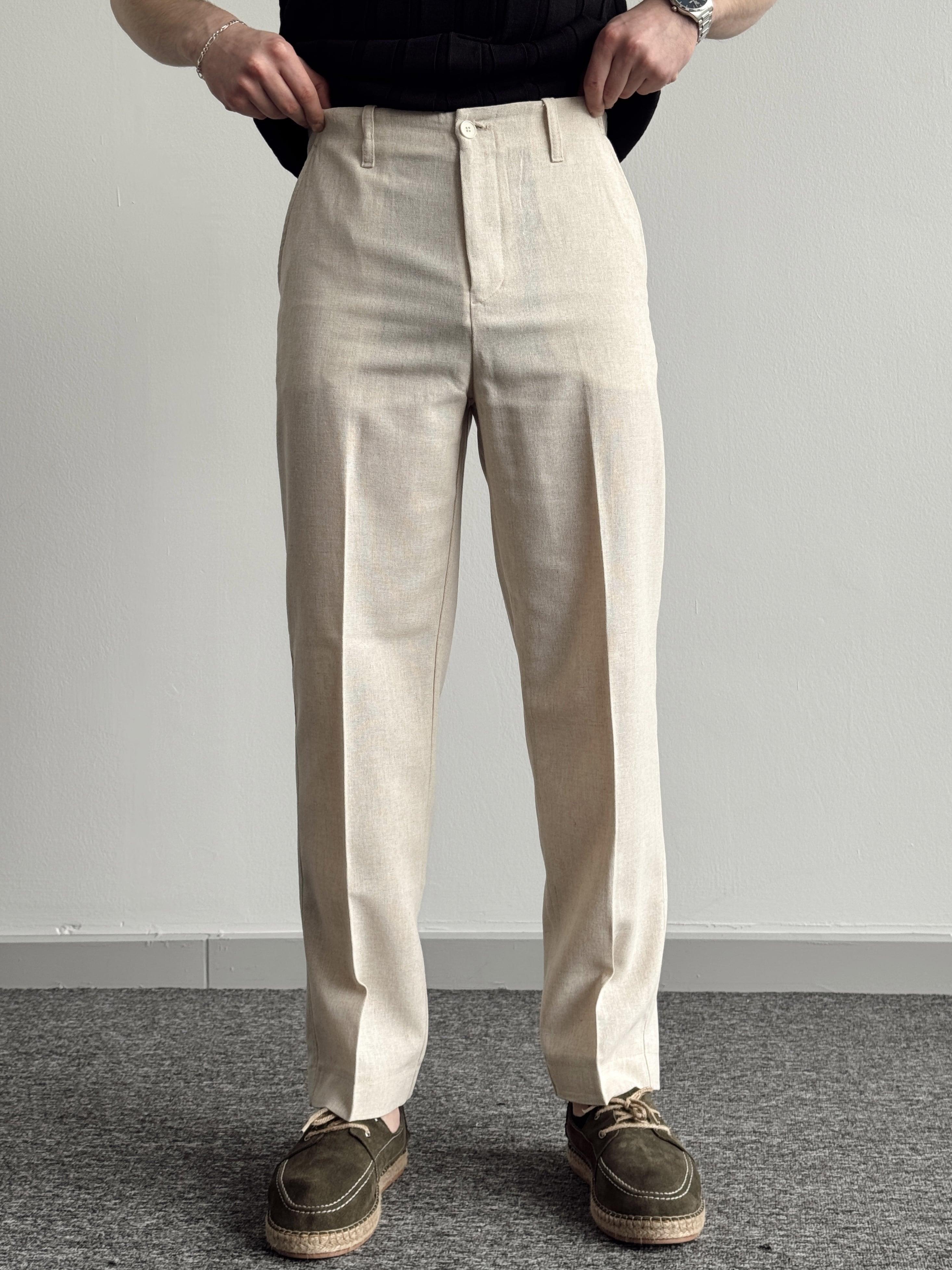 Erkek Özel Premium Seri Straight Fit Keten Kumaş Pantolon-Taş(E1399)Ketench