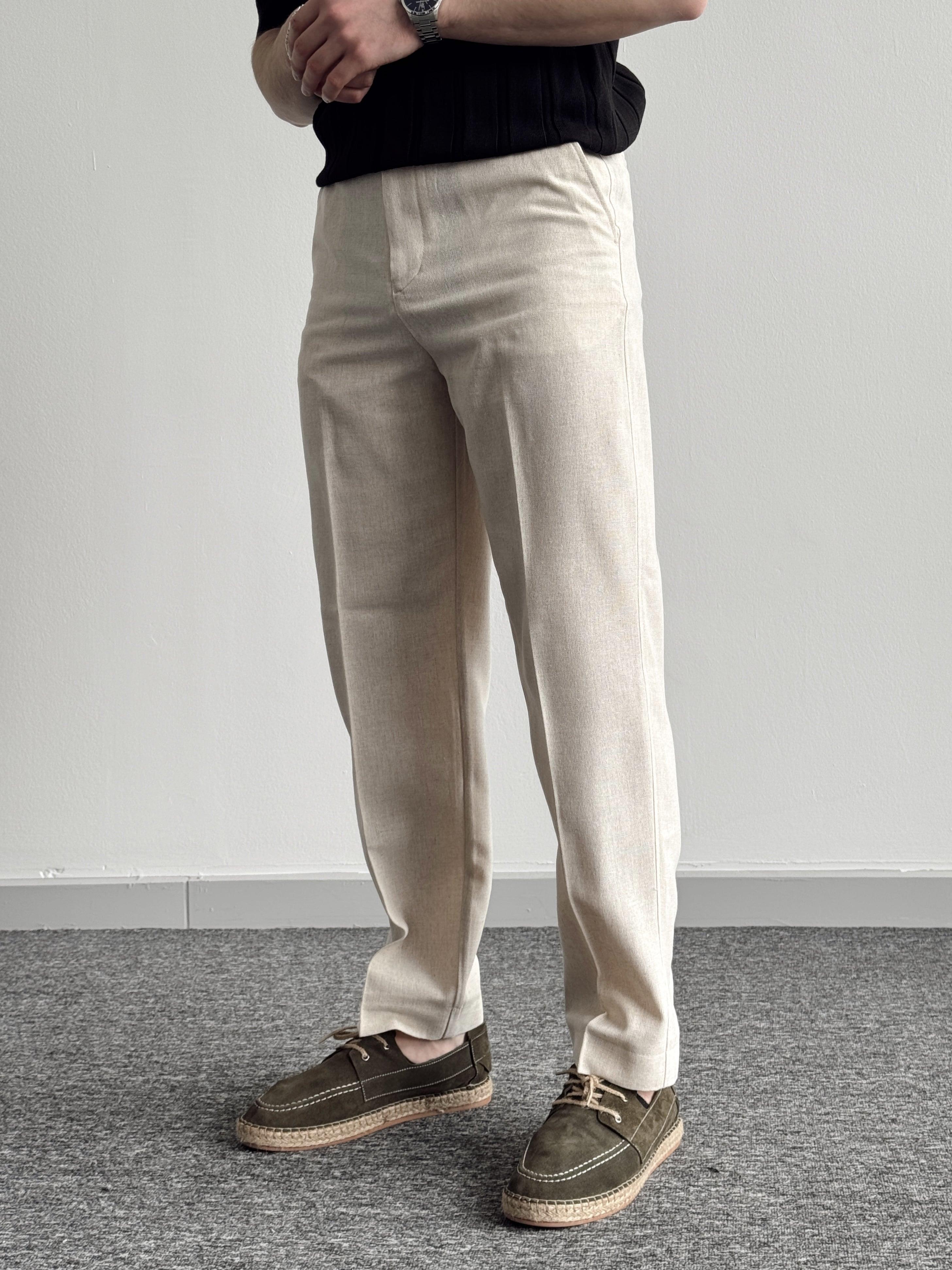 Erkek Özel Premium Seri Straight Fit Keten Kumaş Pantolon-Taş(E1399)Ketench