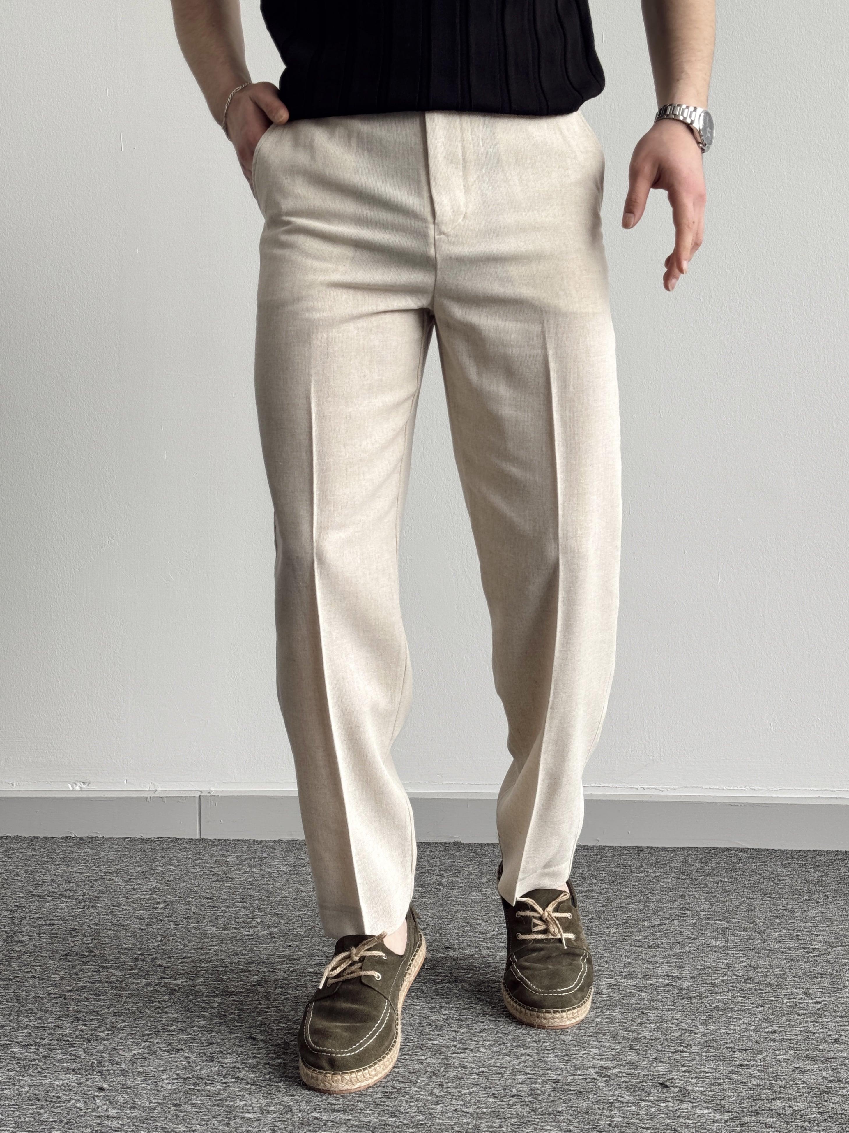 Erkek Özel Premium Seri Straight Fit Keten Kumaş Pantolon-Taş(E1399)Ketench