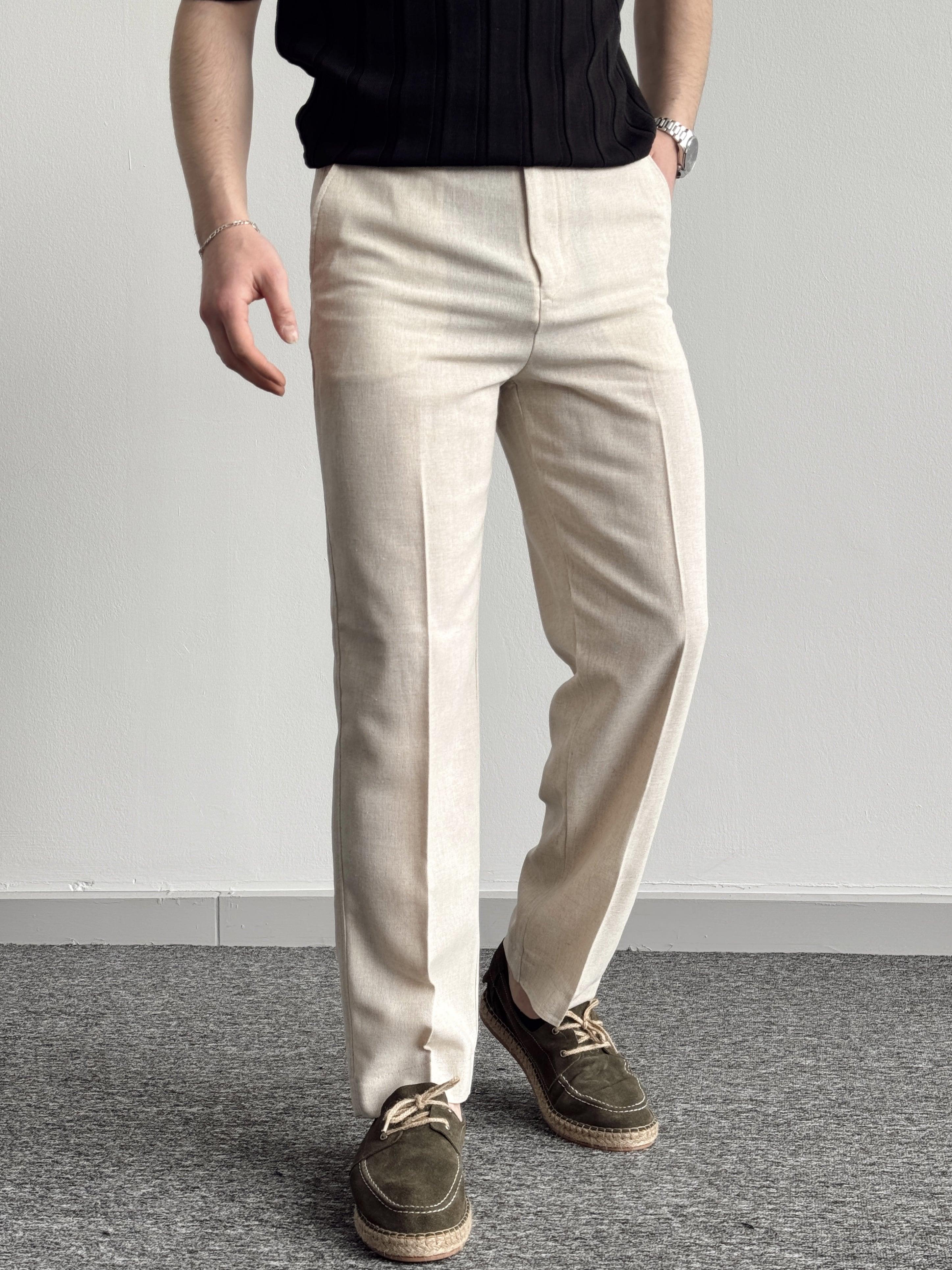 Erkek Özel Premium Seri Straight Fit Keten Kumaş Pantolon-Taş(E1399)Ketench