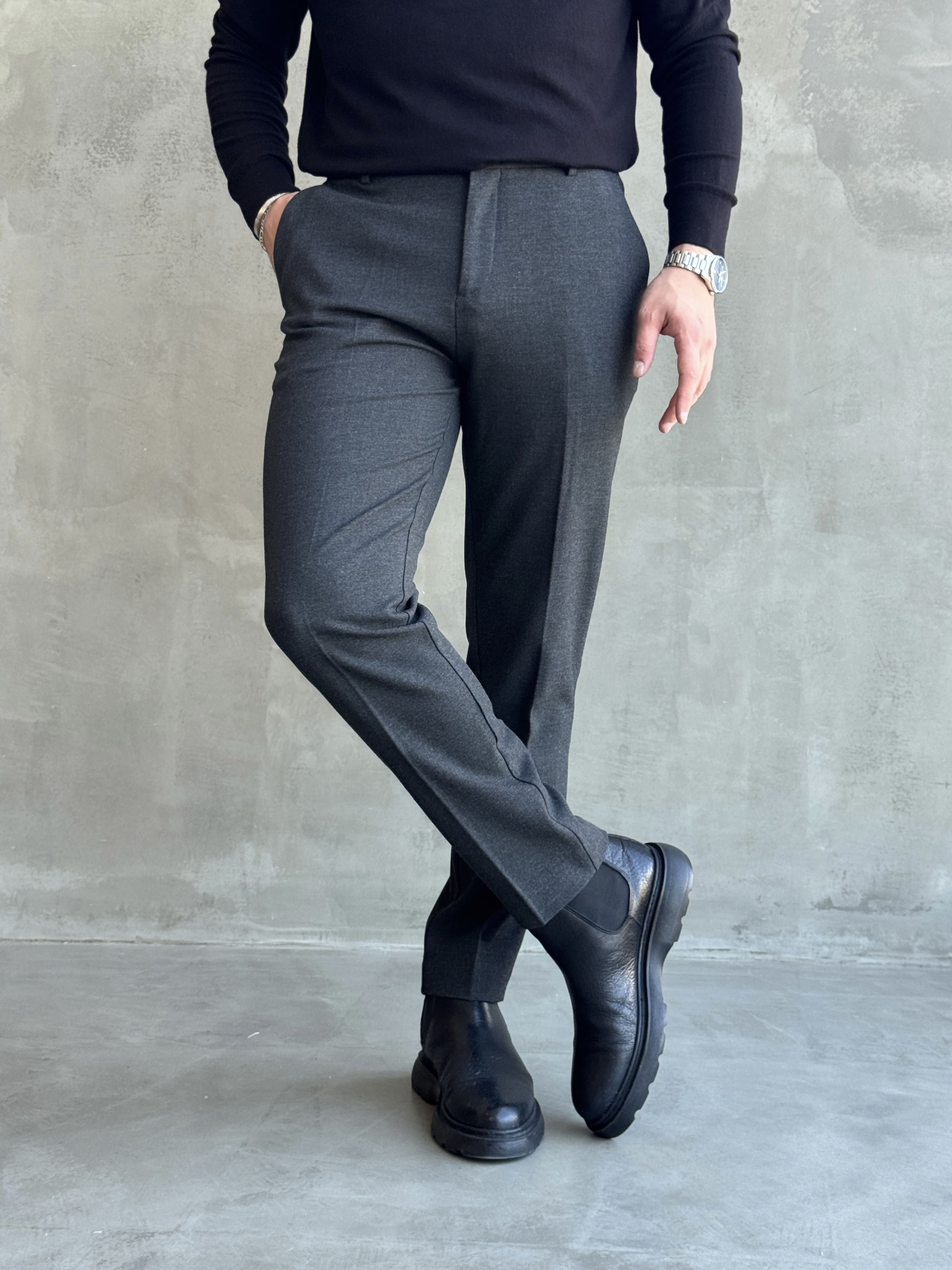 Erkek Özel Premium Seri Yüksek Bel Kopçalı Comfort Slim Kalıp Kışlık Kumaş Pantolon-Antrasit(E1822)Ketench
