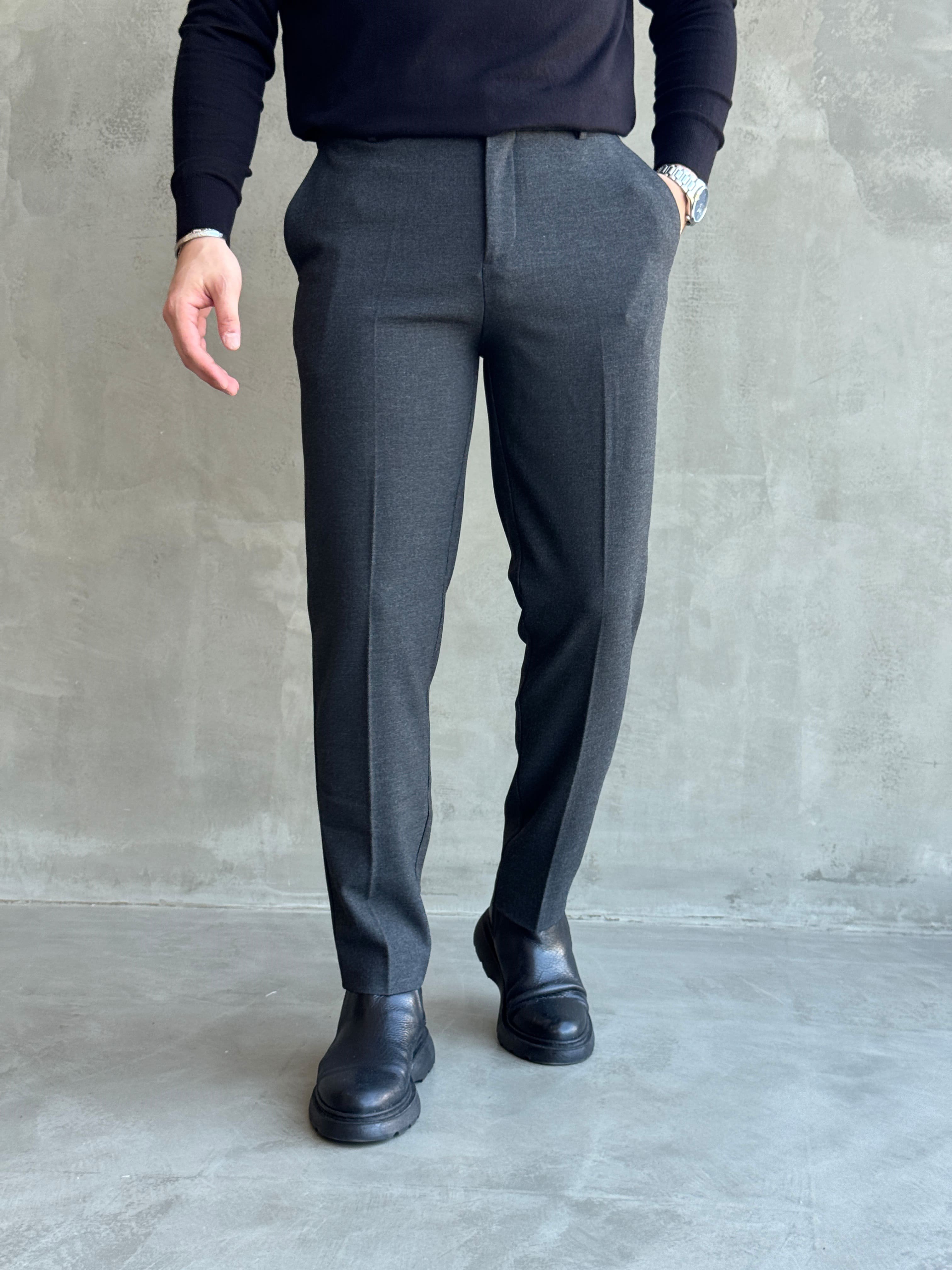 Erkek Özel Premium Seri Yüksek Bel Kopçalı Comfort Slim Kalıp Kışlık Kumaş Pantolon-Antrasit(E1822)Ketench