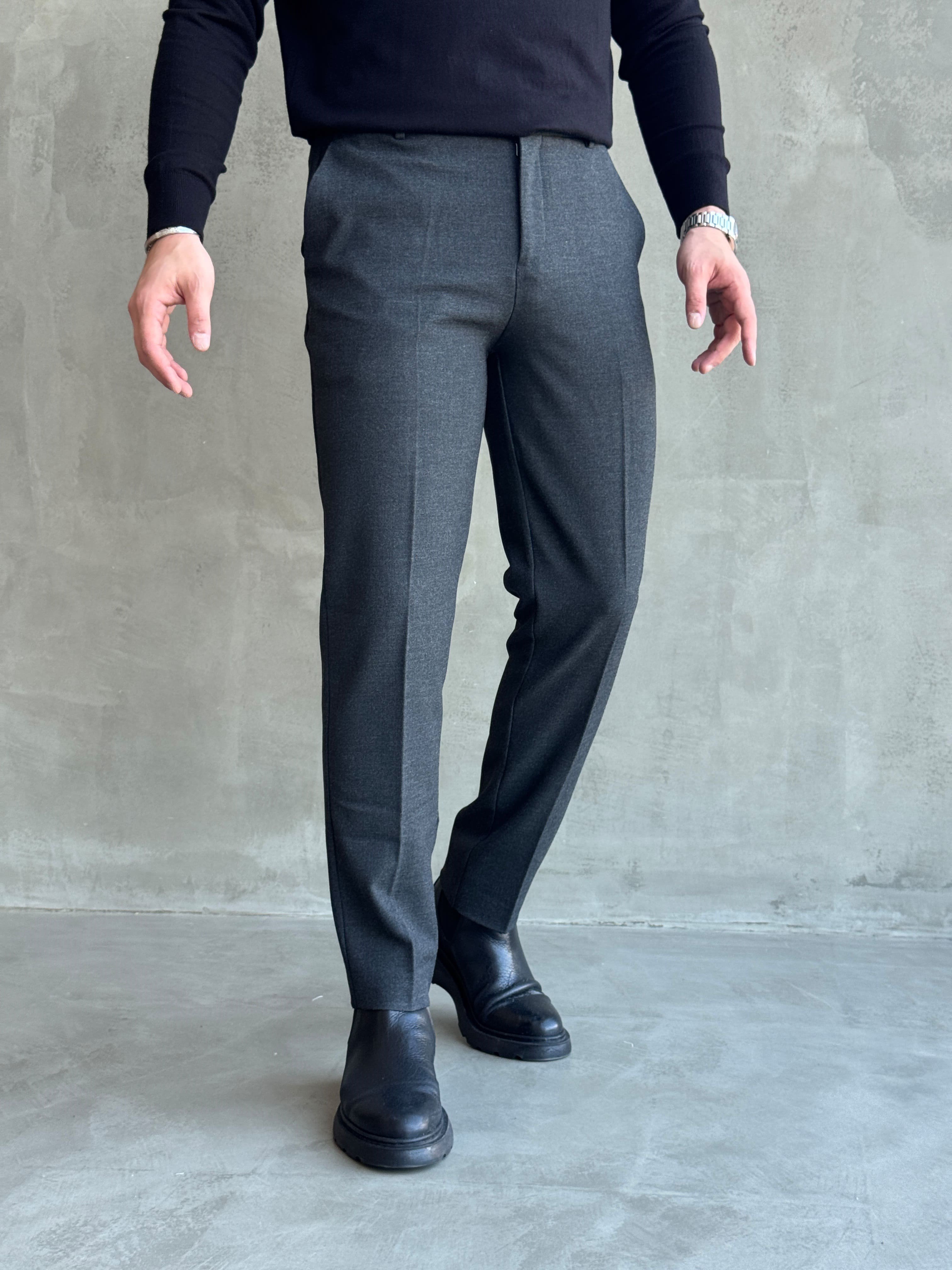 Erkek Özel Premium Seri Yüksek Bel Kopçalı Comfort Slim Kalıp Kışlık Kumaş Pantolon-Antrasit(E1822)Ketench
