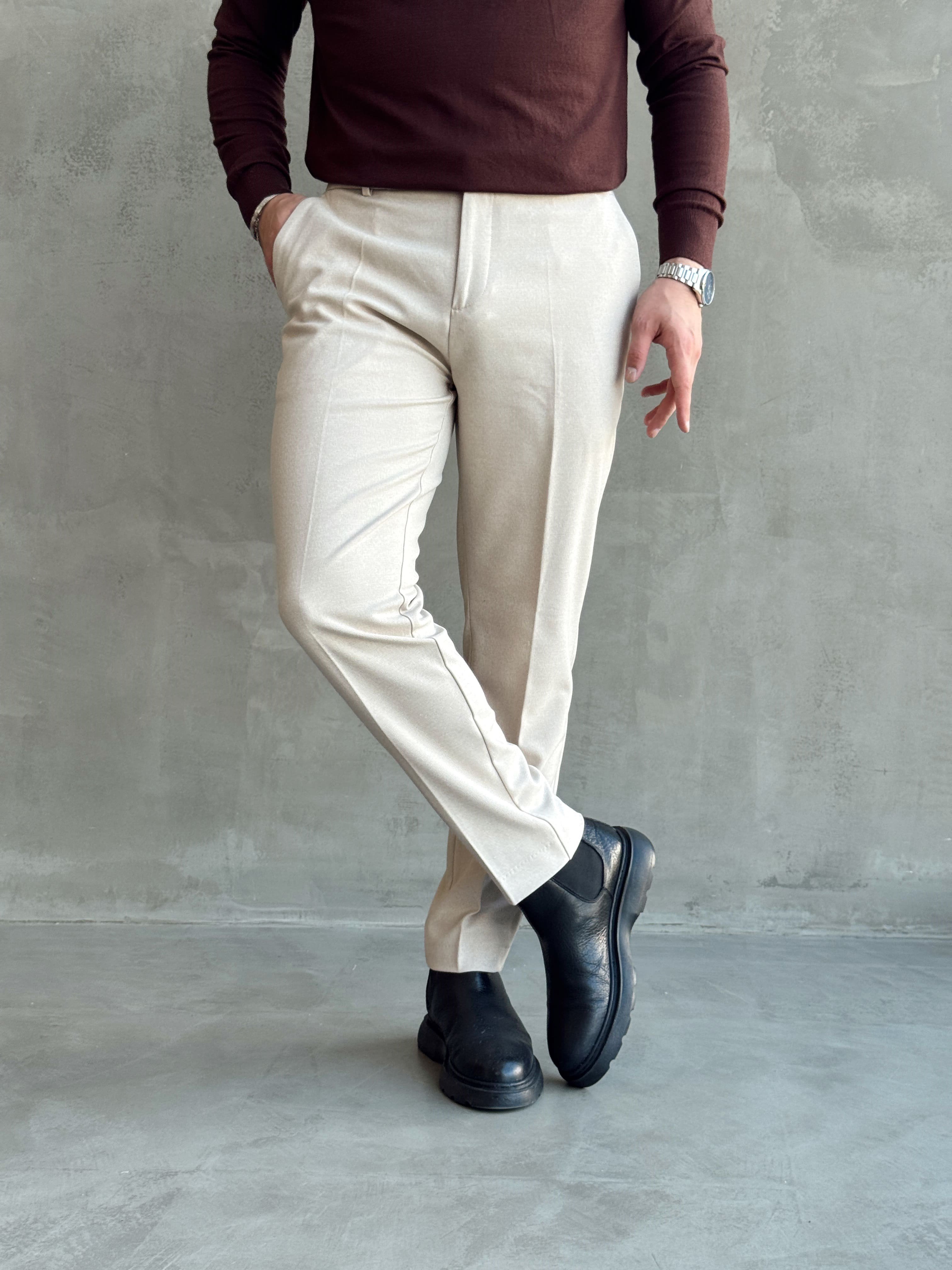 Erkek Özel Premium Seri Yüksek Bel Kopçalı Comfort Slim Kalıp Kışlık Kumaş Pantolon-Bej(E1822)Ketench