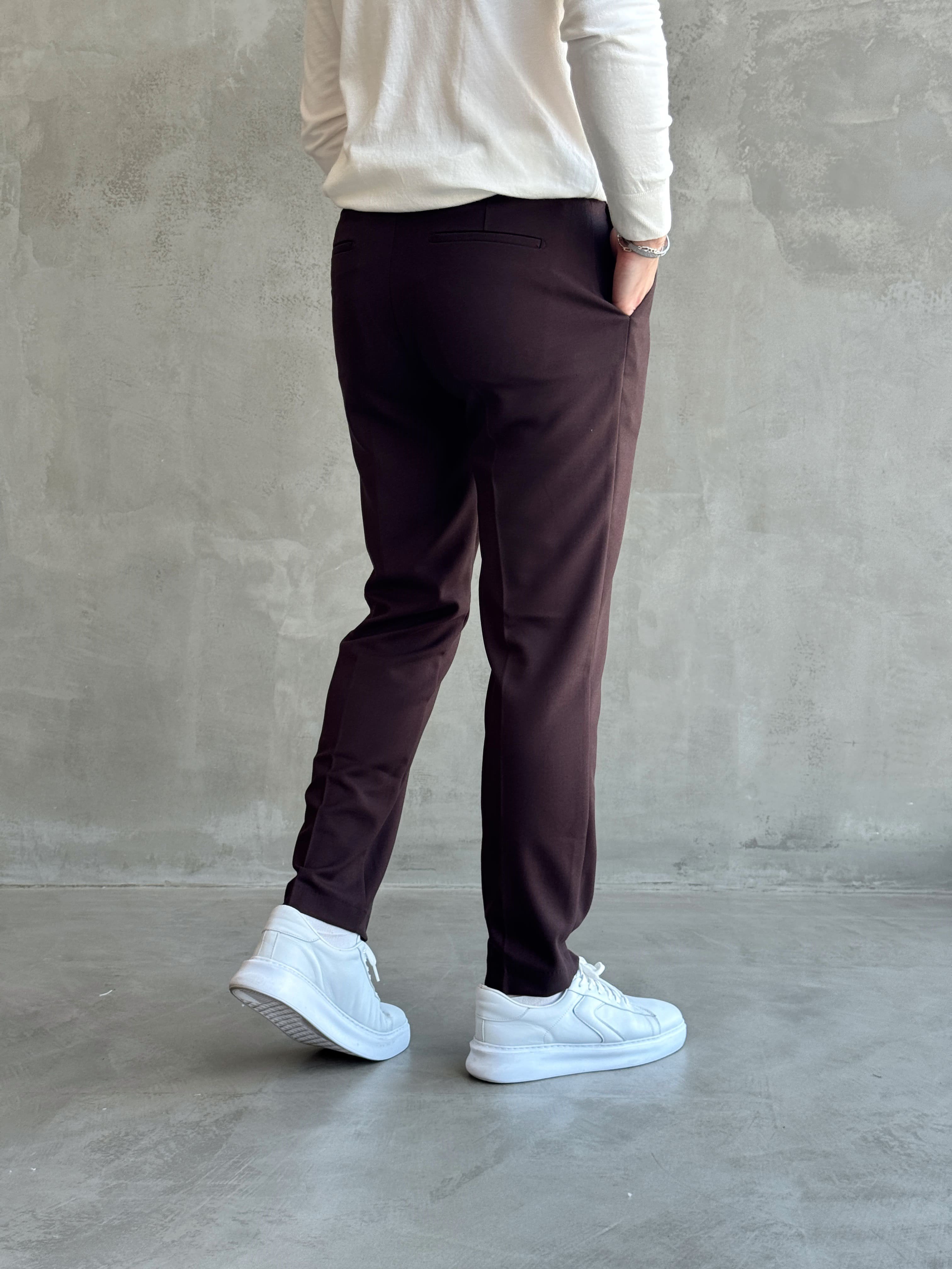 Erkek Özel Premium Seri Yüksek Bel Kopçalı Comfort Slim Kalıp Kışlık Kumaş Pantolon-Kahverengi(E1822)Ketench