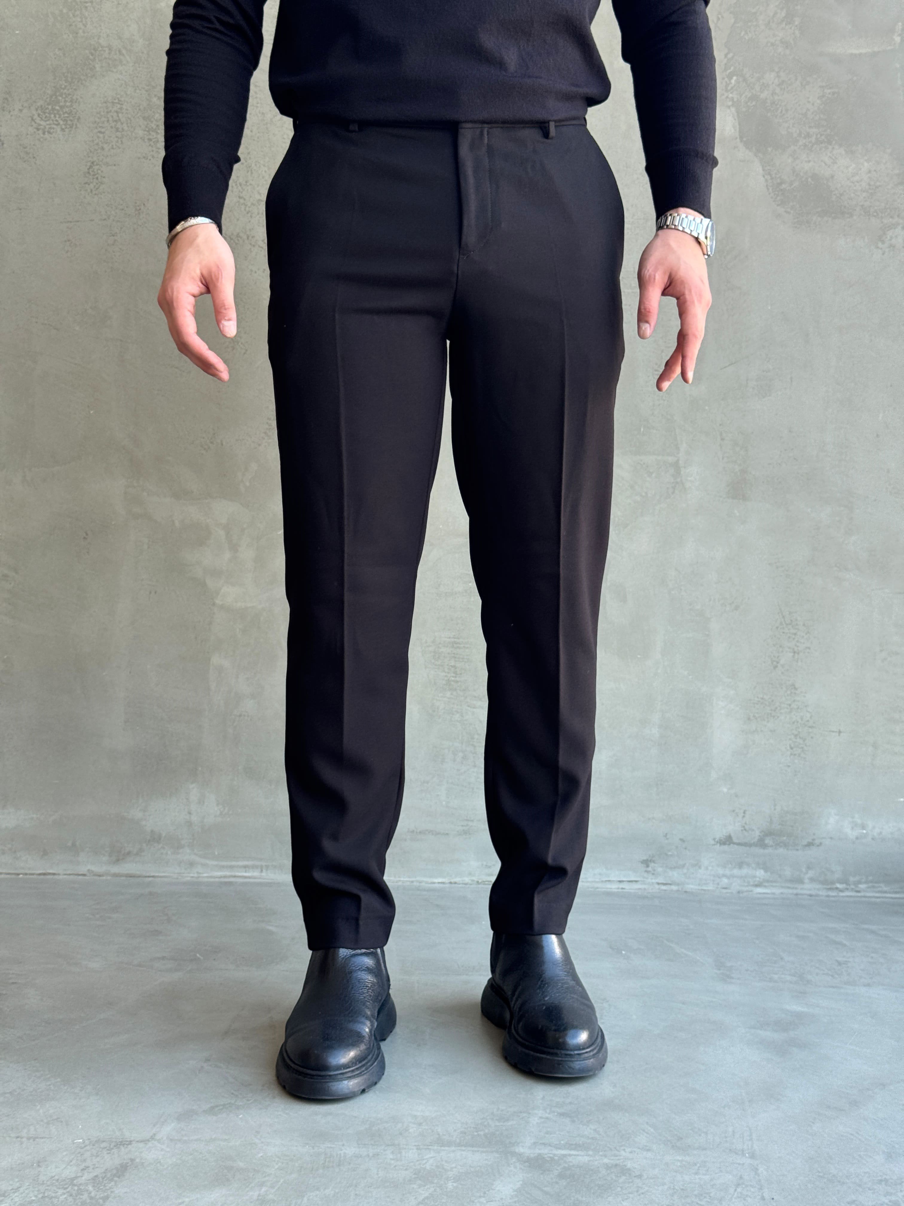 Erkek Özel Premium Seri Yüksek Bel Kopçalı Comfort Slim Kalıp Kışlık Kumaş Pantolon-Siyah(E1822)Ketench