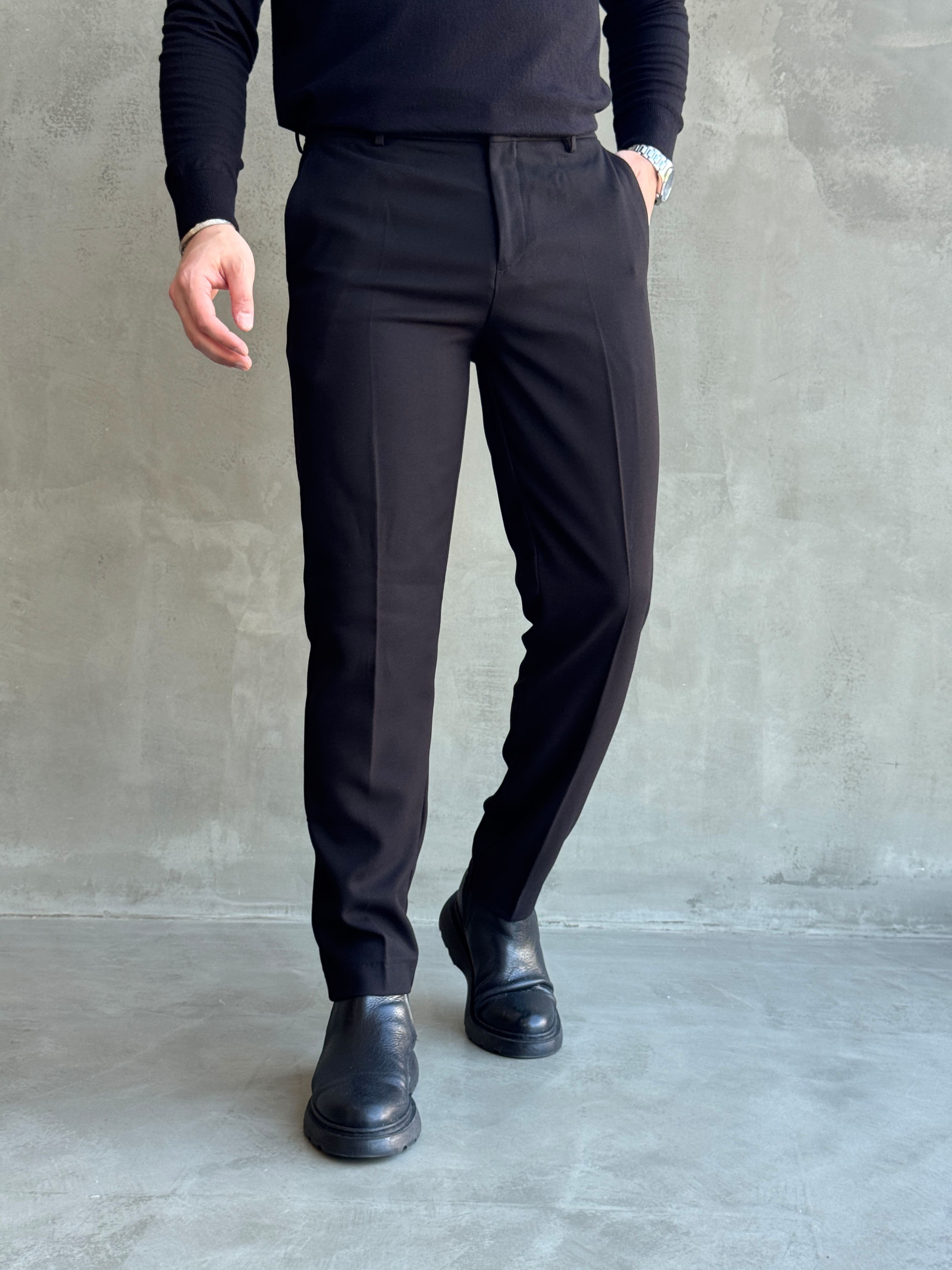 Erkek Özel Premium Seri Yüksek Bel Kopçalı Comfort Slim Kalıp Kışlık Kumaş Pantolon-Siyah(E1822)Ketench