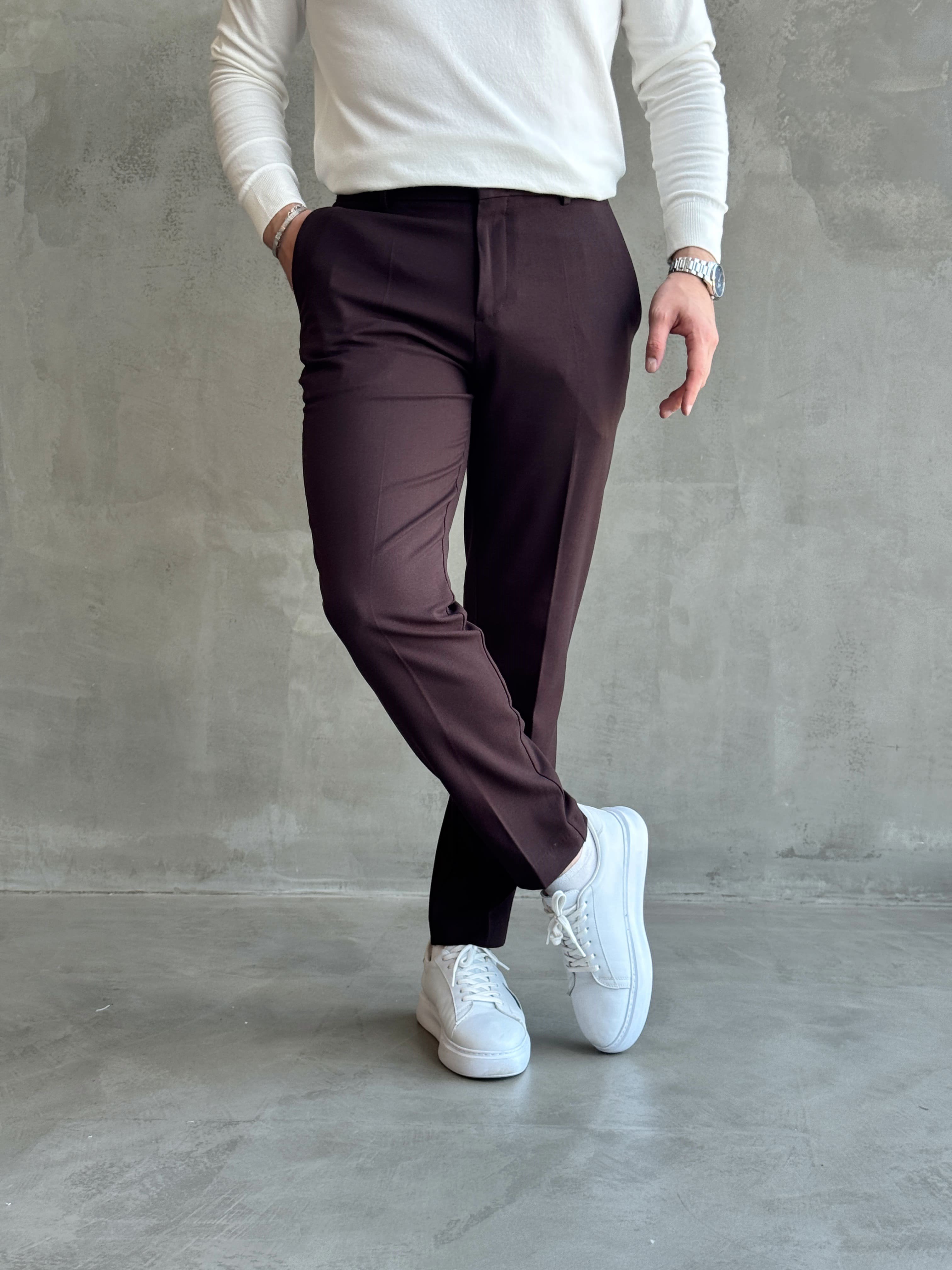 Erkek Özel Premium Seri Yüksek Bel Kopçalı Comfort Slim Kalıp Kışlık Kumaş Pantolon-Kahverengi(E1822)Ketench