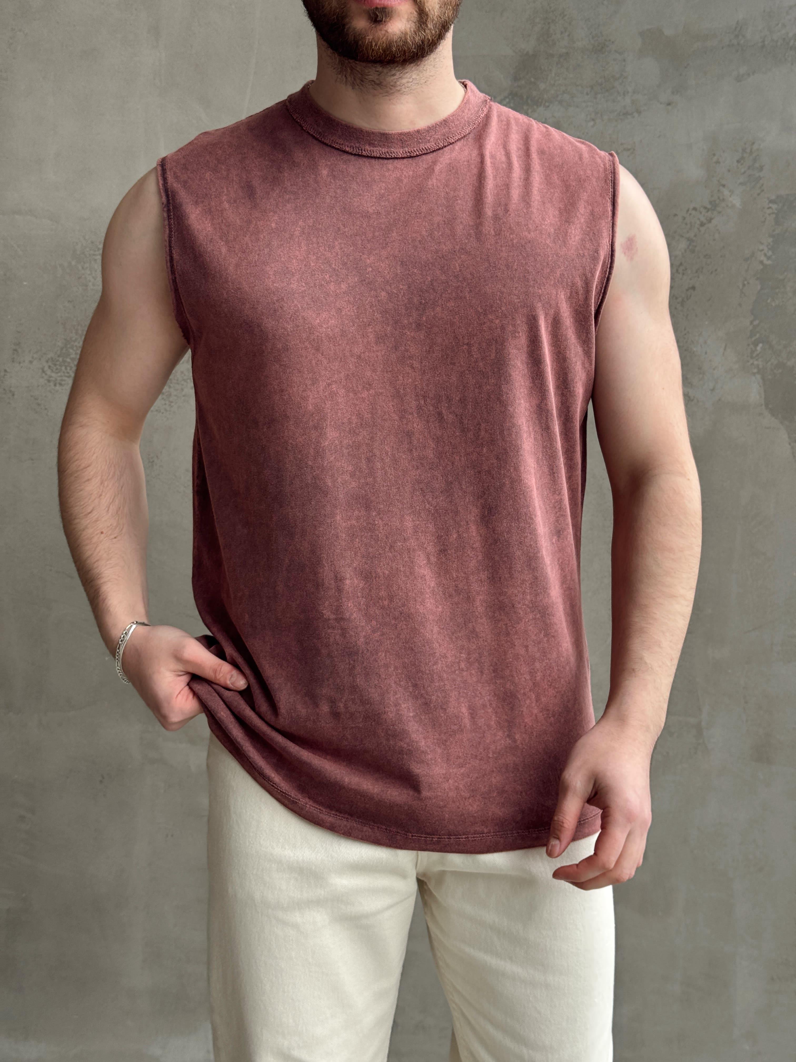 Erkek Özel Seri Yıkama Detay Oversize Kalıp Bisiklet Yaka Sıfır Kol T-Shirt-Bordo(E1672)Ketench
