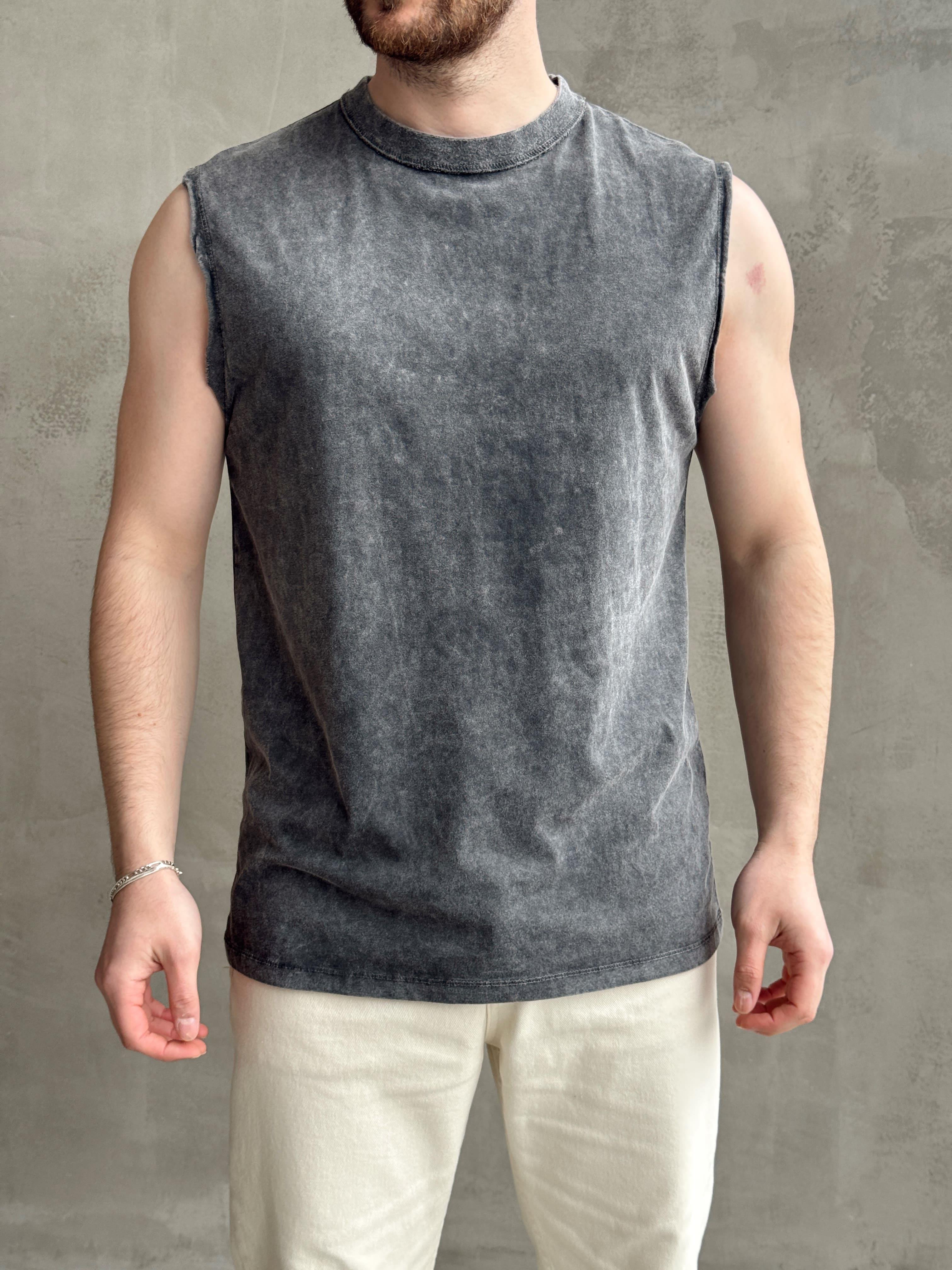 Erkek Özel Seri Yıkama Detay Oversize Kalıp Bisiklet Yaka Sıfır Kol T-Shirt-Siyah(E1672)Ketench