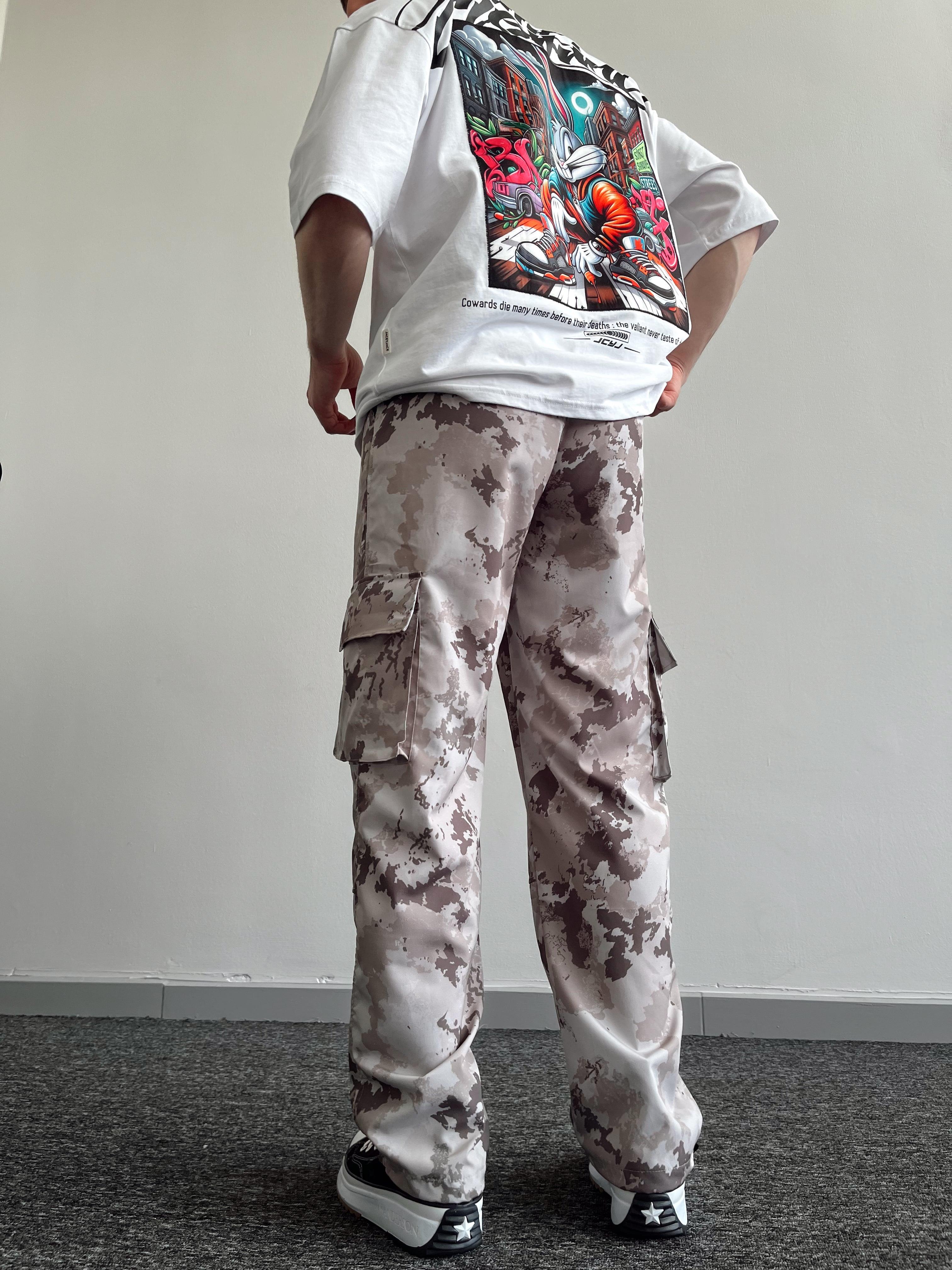 Erkek Paça Lastikli Kargo Cep Baggy Kamıflaj Pantolon-Gri(E1029)Ketench