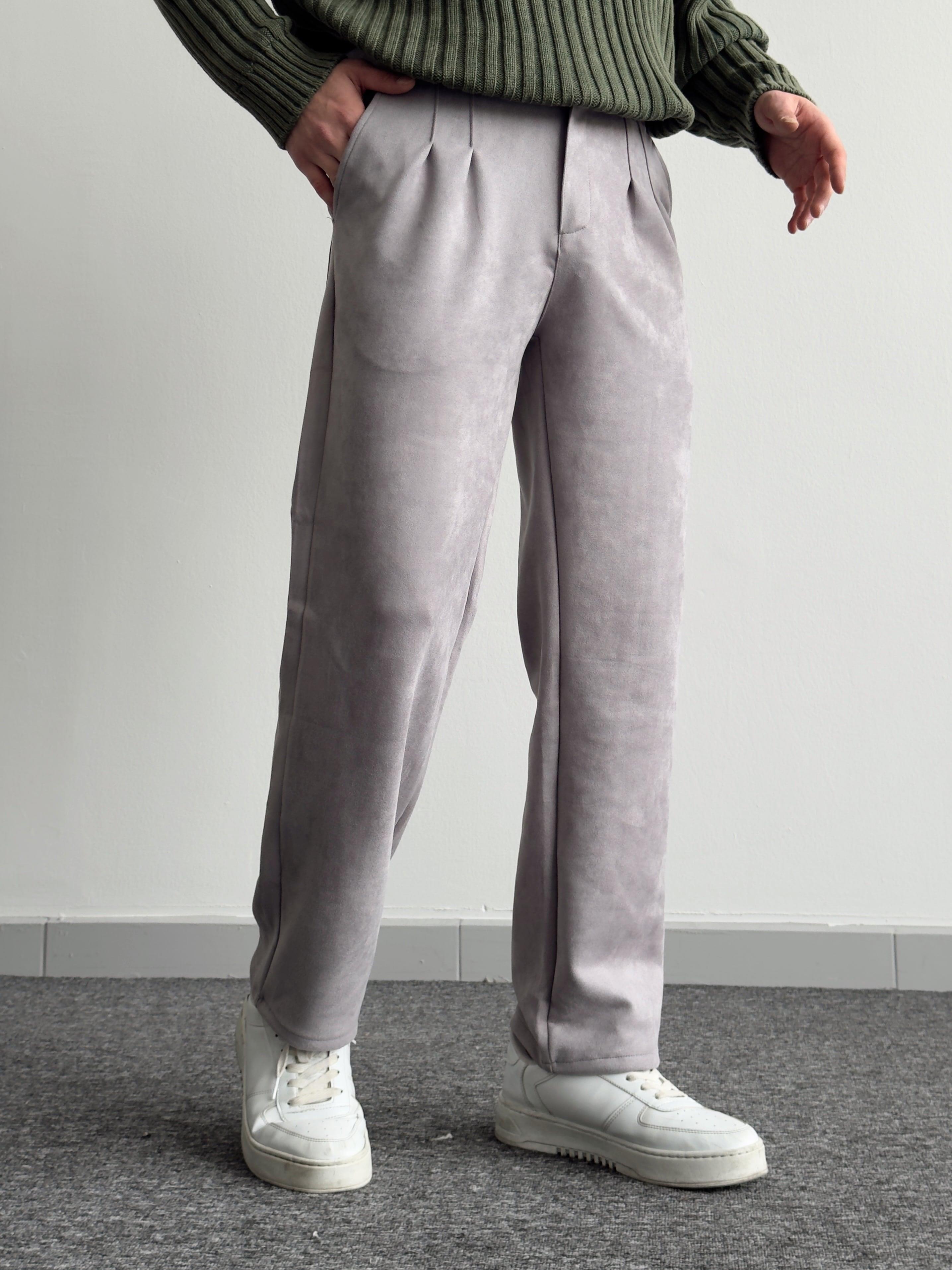 Erkek Pile Detaylı Beli Lastikli Baggy Kalıp Nubuk Kumaş Pantolon-Gri(E1203)Ketench