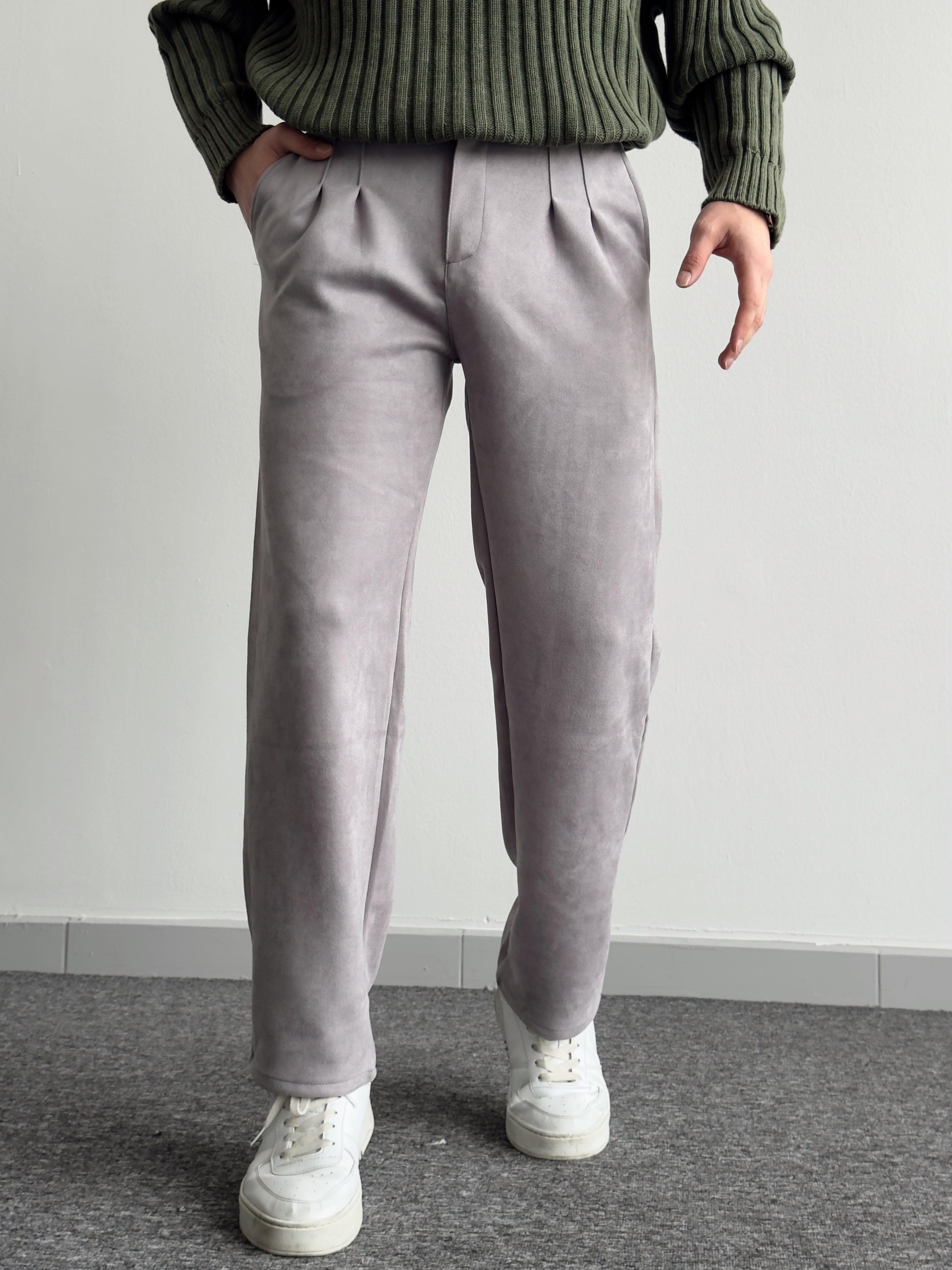 Erkek Pile Detaylı Beli Lastikli Baggy Kalıp Nubuk Kumaş Pantolon-Gri(E1203)Ketench
