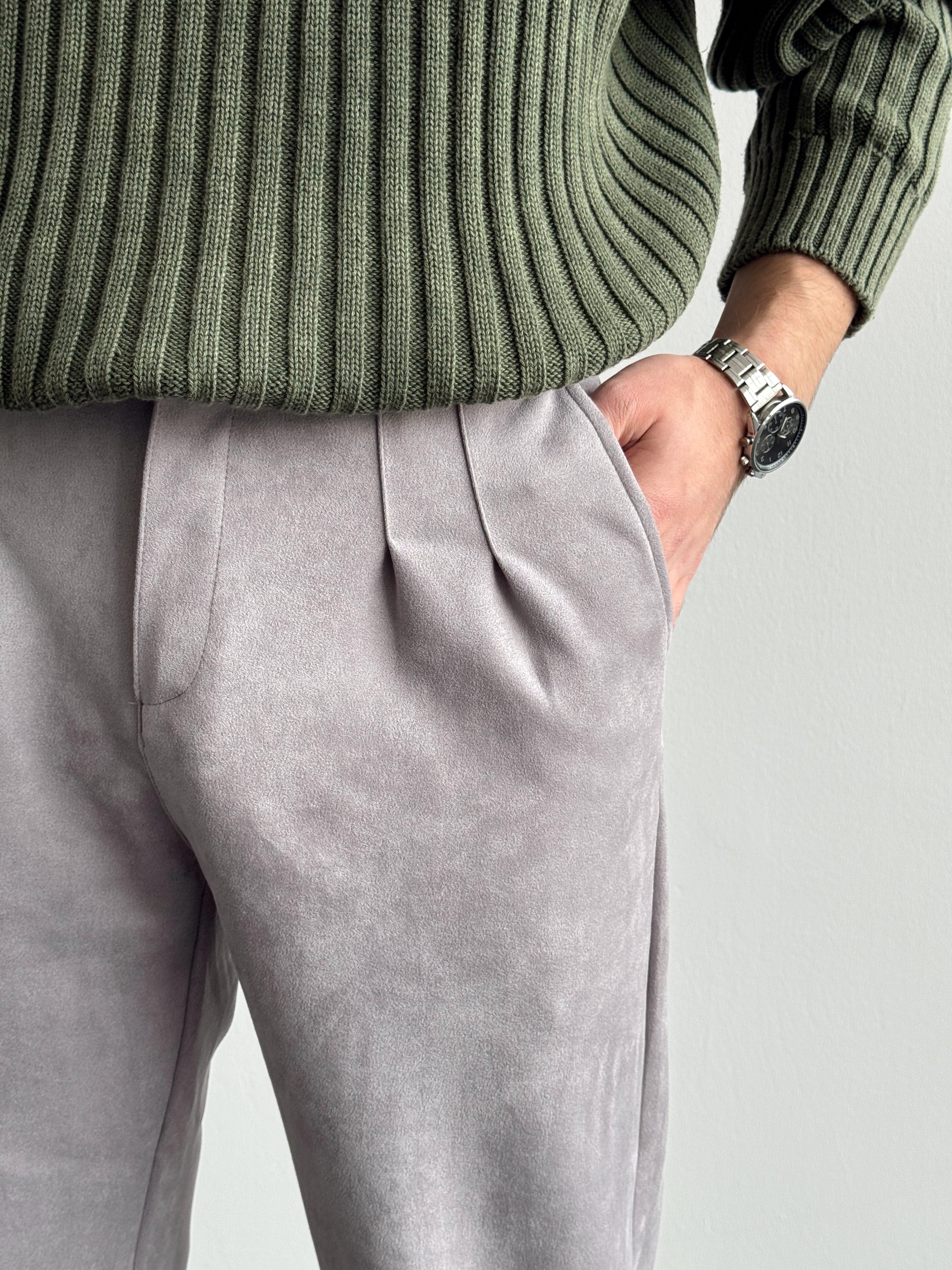 Erkek Pile Detaylı Beli Lastikli Baggy Kalıp Nubuk Kumaş Pantolon-Gri(E1203)Ketench