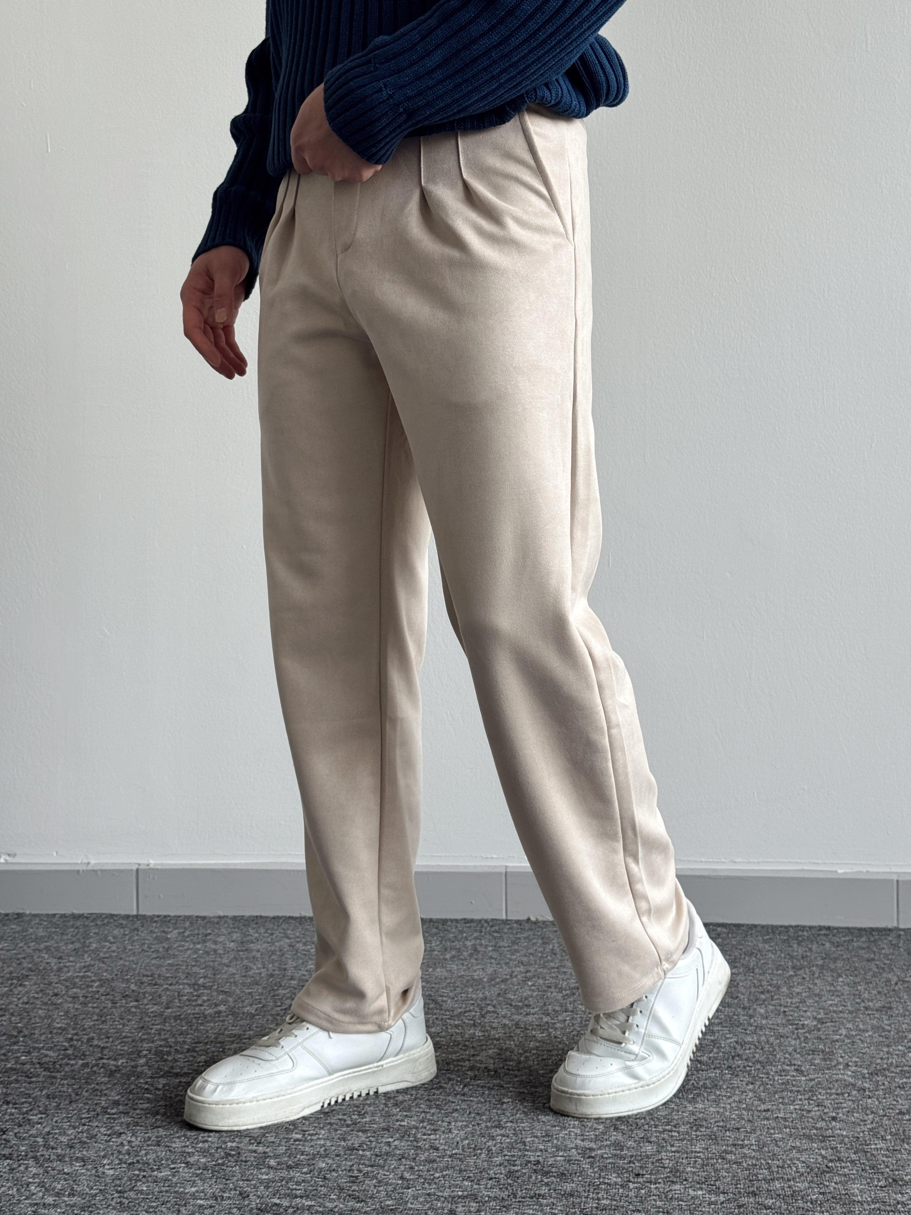 Erkek Pile Detaylı Beli Lastikli Baggy Kalıp Nubuk Kumaş Pantolon-Bej(E1203)Ketench